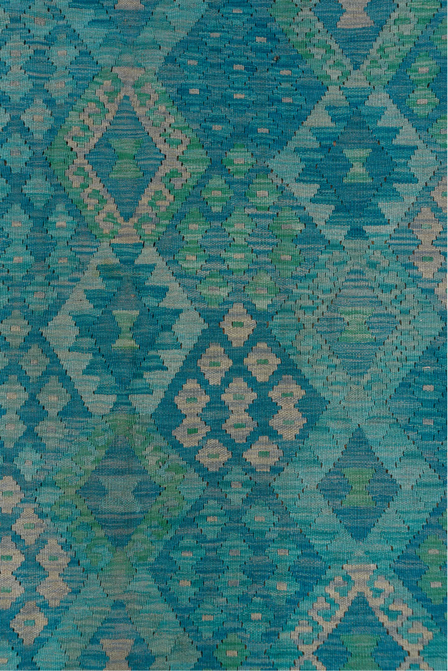 8' x 11' one-of-a-kind handmade vintage Kilim large size rug. Color palette: turquoise, aqua, seafoam, ivory, teal, green