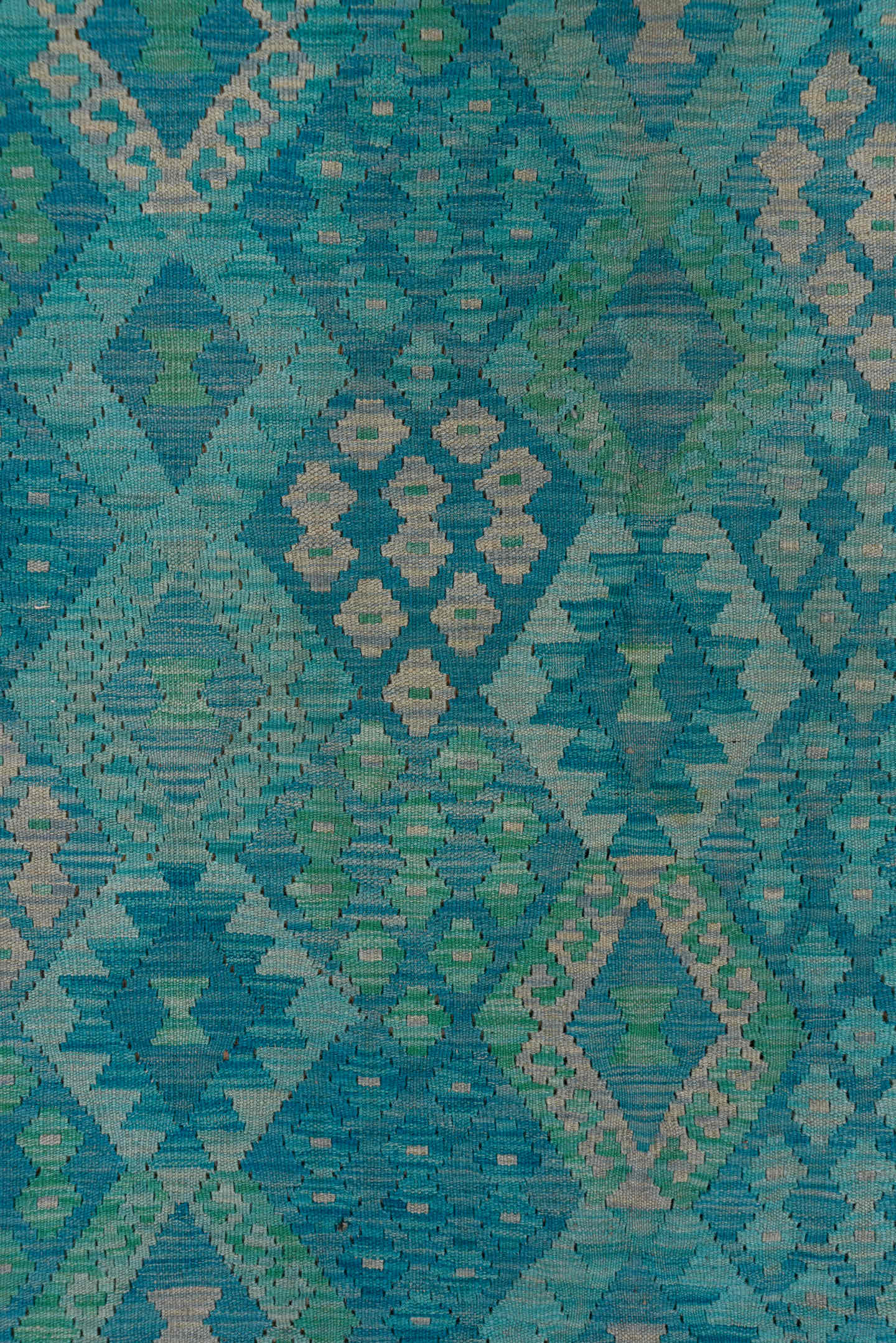 8' x 11' one-of-a-kind handmade vintage Kilim large size rug. Color palette: turquoise, aqua, seafoam, ivory, teal, green