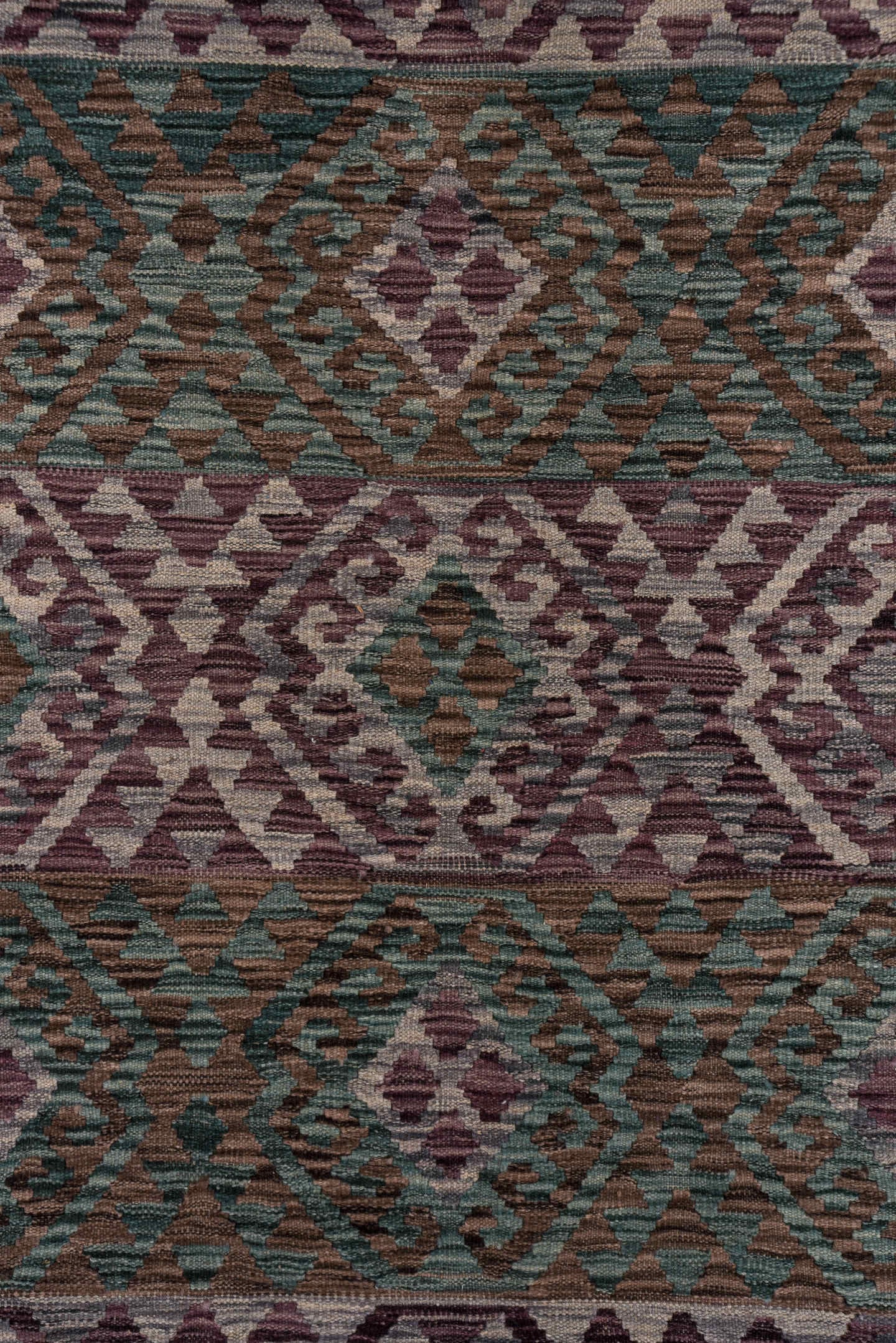 6' x 10' one-of-a-kind handmade vintage Kilim large size rug. Color palette: charcoal, mauve, taupe, teal, ivory, dusty_rose
