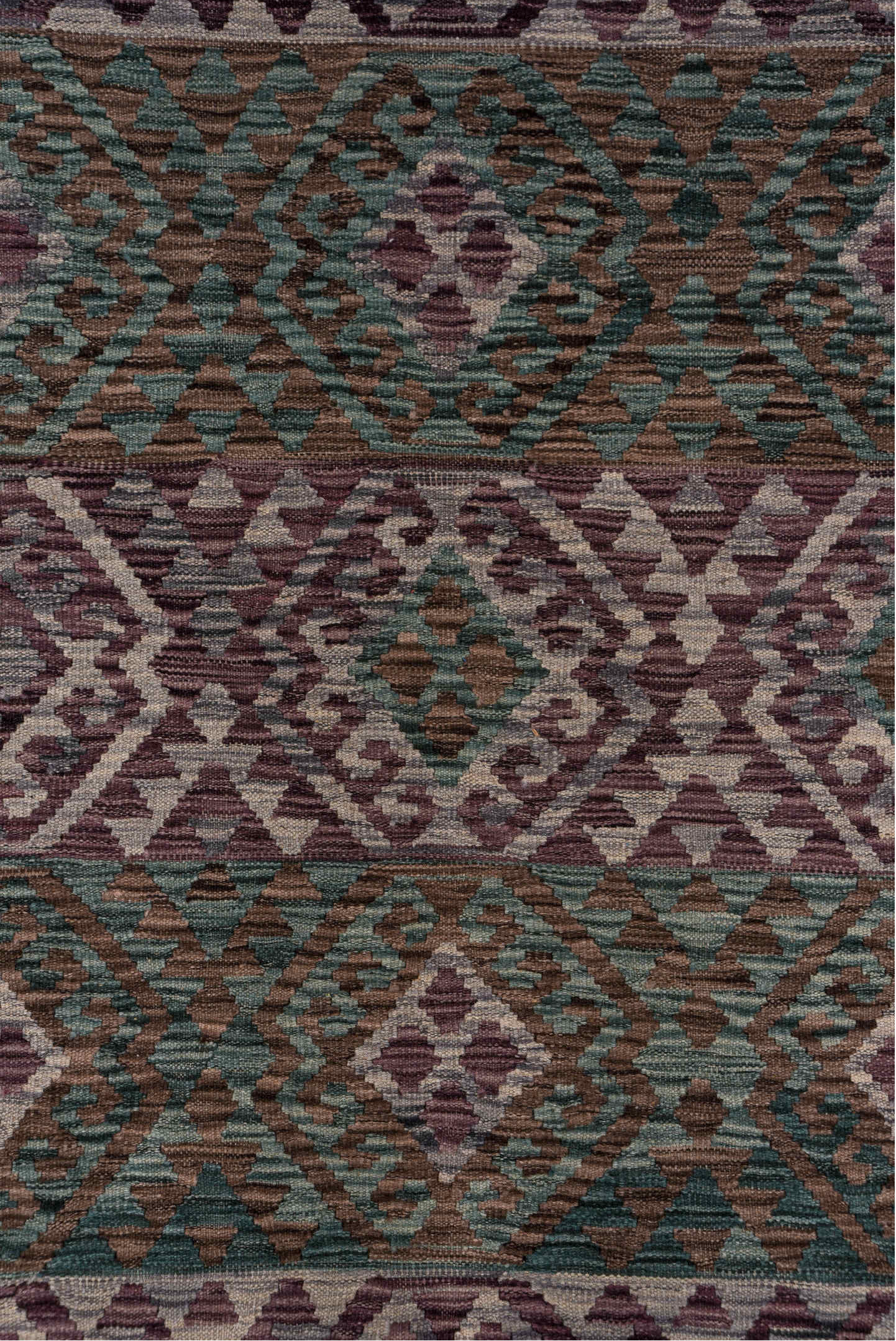 6' x 10' one-of-a-kind handmade vintage Kilim large size rug. Color palette: charcoal, mauve, taupe, teal, ivory, dusty_rose