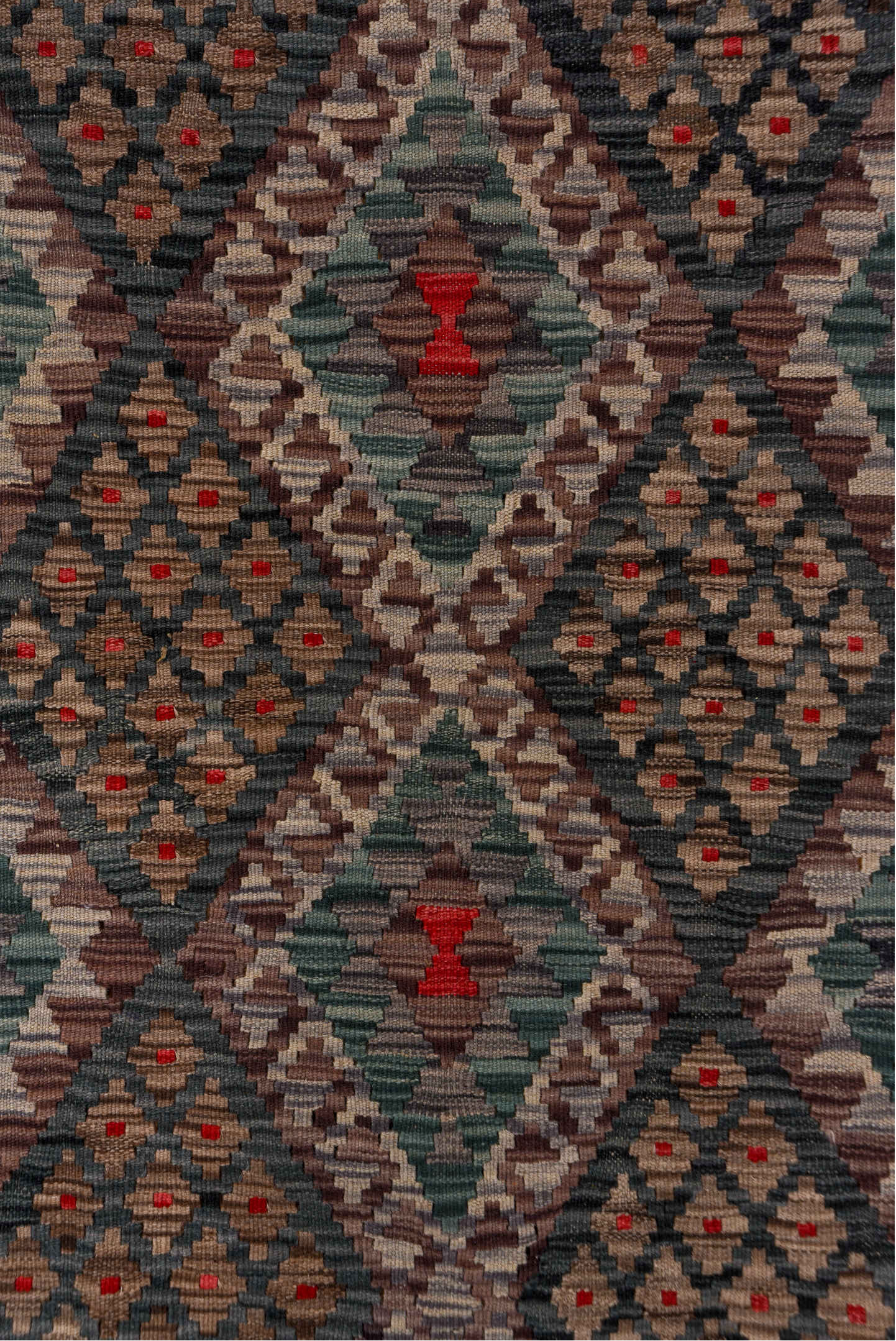 6' x 7' one-of-a-kind handmade vintage Kilim rug. Color palette: charcoal, taupe, sage, ivory, rose, crimson, brown, ochre