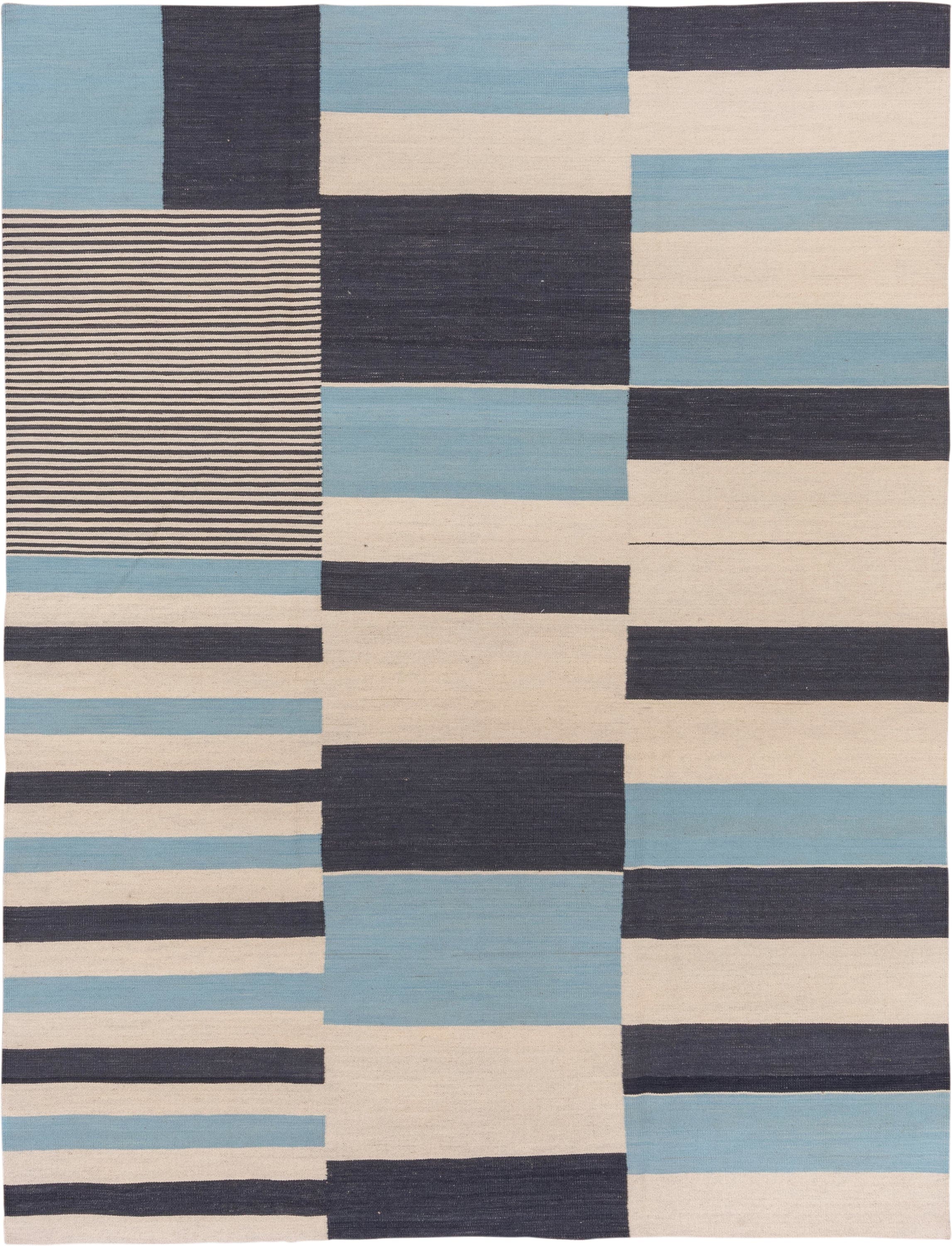 7' x 9' one-of-a-kind handmade vintage Kilim rug. Color palette: ivory, navy, sky blue, blue, light blue