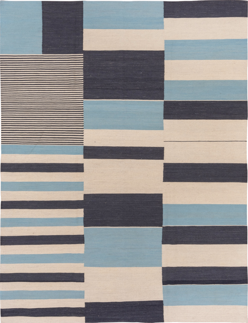 7' x 9' one-of-a-kind handmade vintage Kilim rug. Color palette: black, blue, brown, charcoal, dark gray, gray, light blue