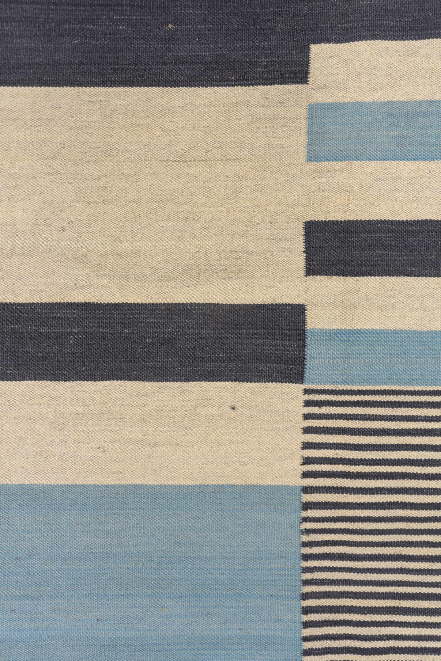 7' x 9' one-of-a-kind handmade vintage Kilim rug. Color palette: ivory, navy, sky blue, blue, light blue