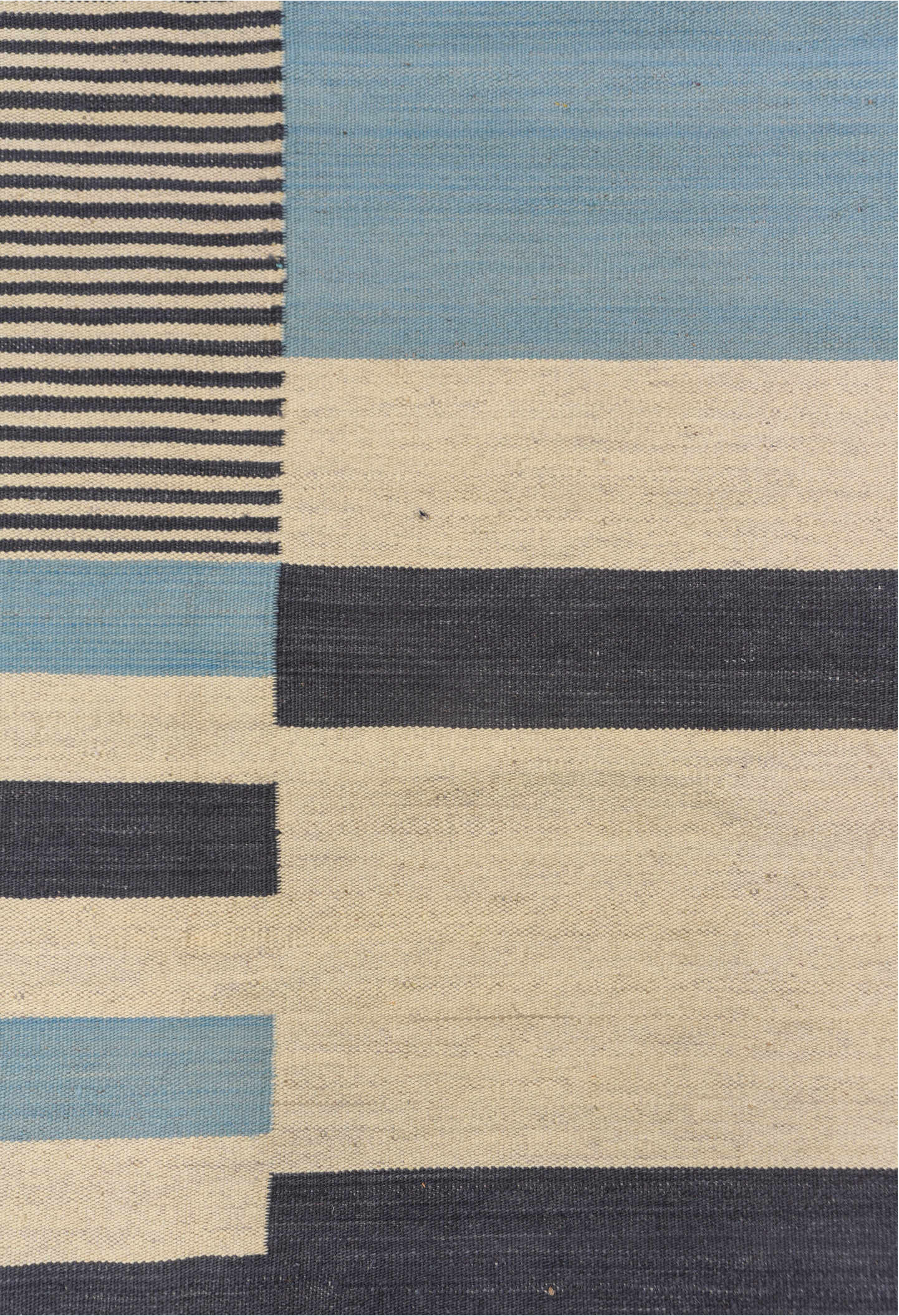 7' x 9' one-of-a-kind handmade vintage Kilim rug. Color palette: black, blue, brown, charcoal, dark gray, gray, light blue