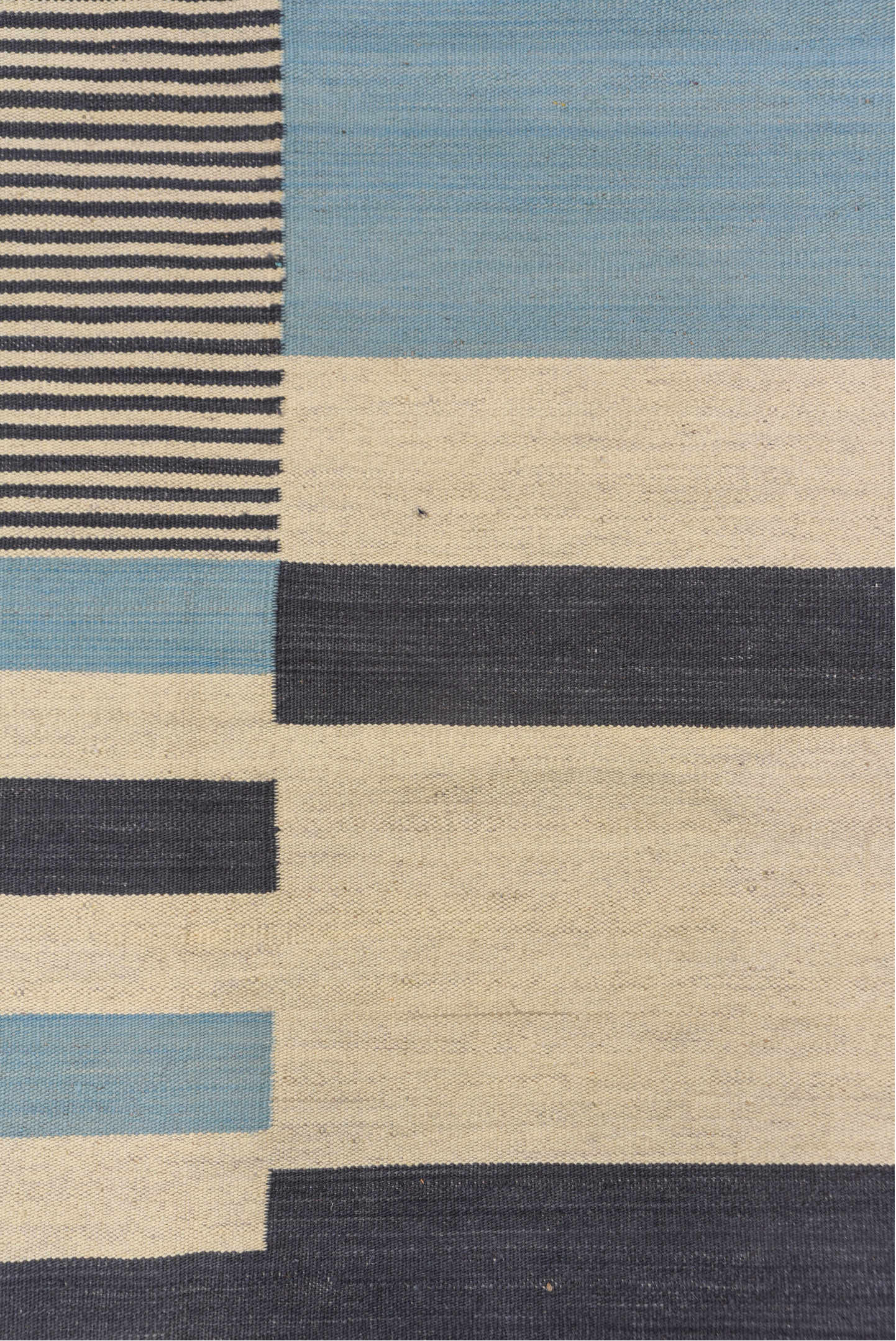 7' x 9' one-of-a-kind handmade vintage Kilim rug. Color palette: black, blue, brown, charcoal, dark gray, gray, light blue