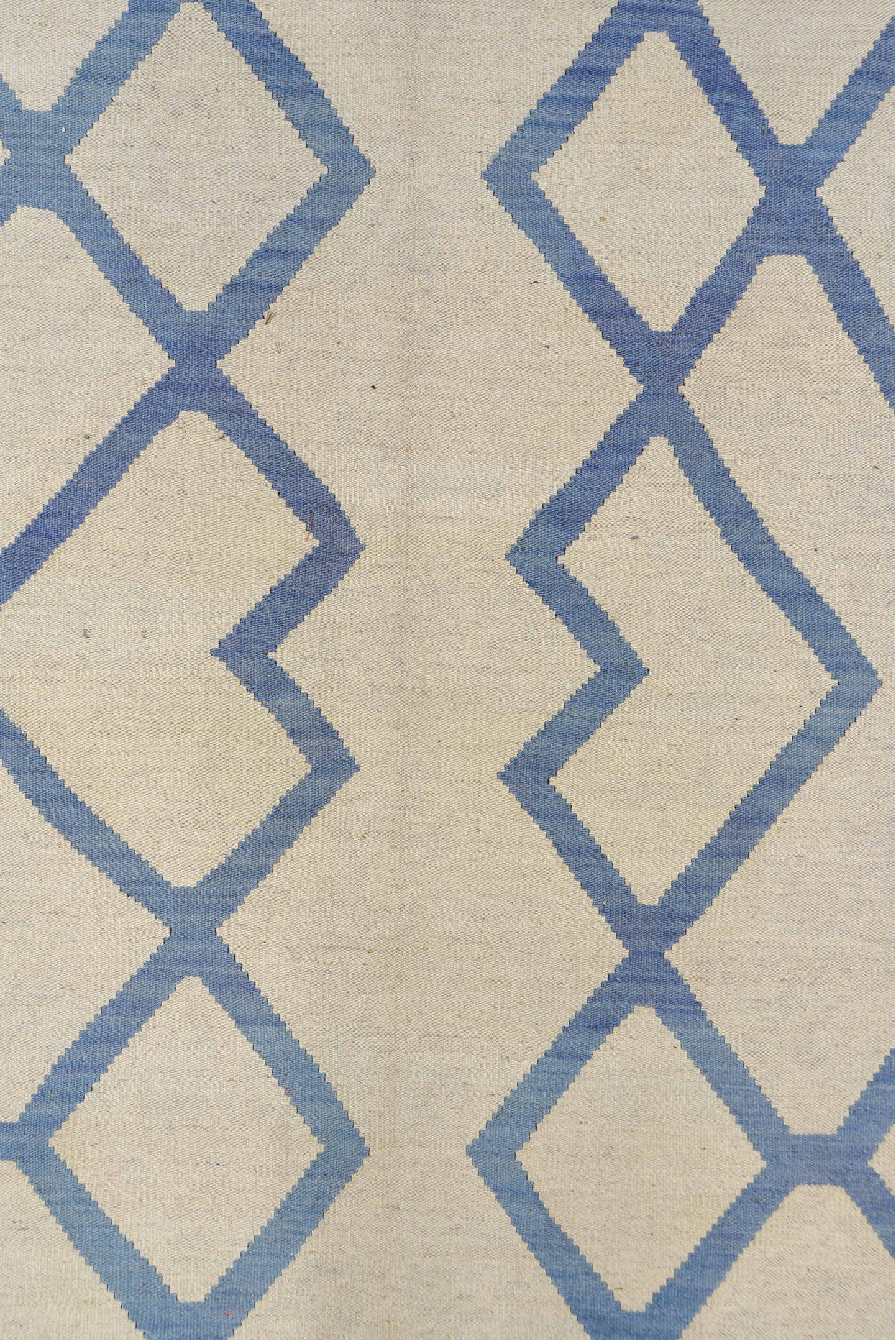 10' x 13' one-of-a-kind handmade vintage Kilim large size rug. Color palette: ivory, sky blue, cream, light blue