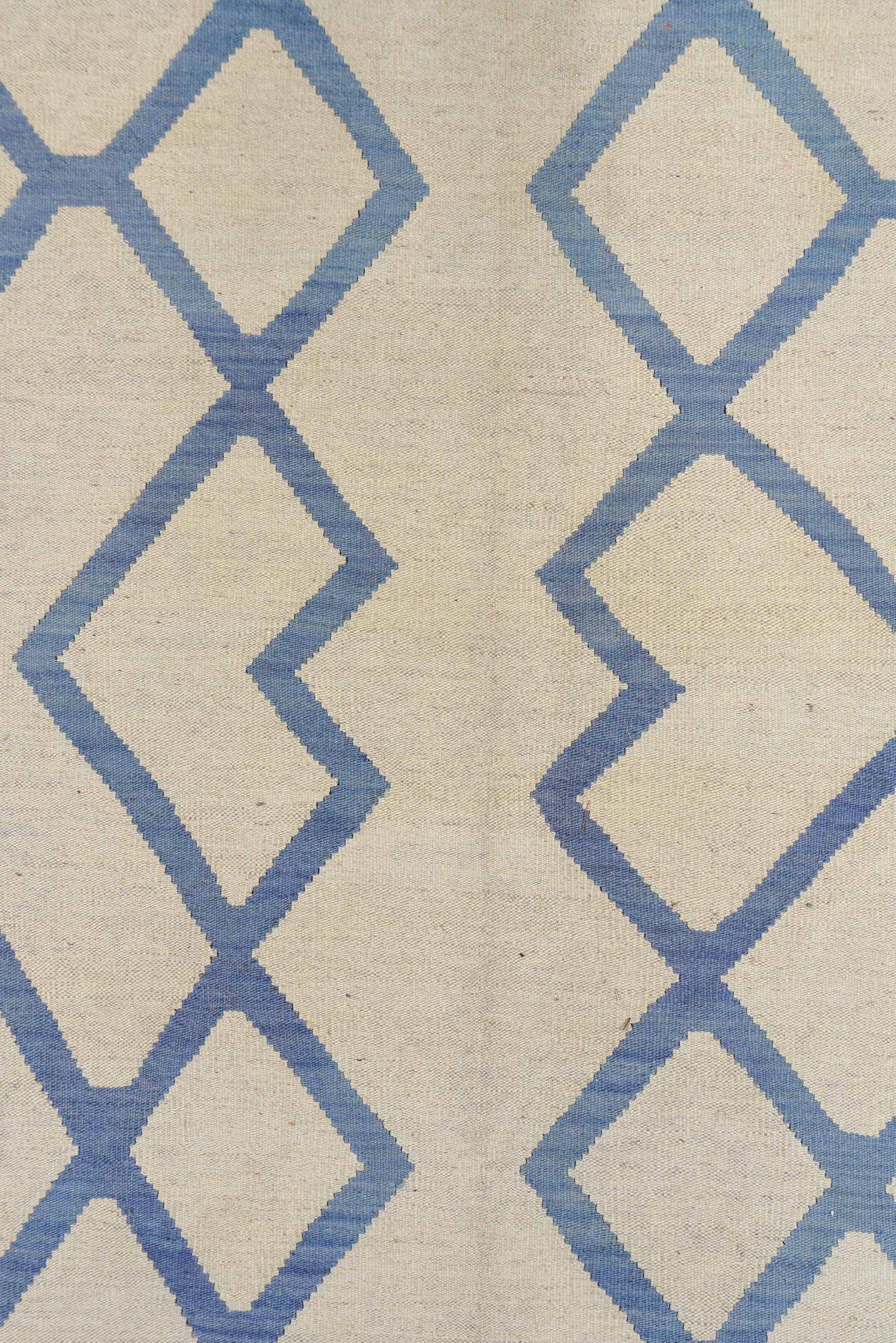 10' x 13' one-of-a-kind handmade vintage Kilim large size rug. Color palette: ivory, sky blue, cream, light blue