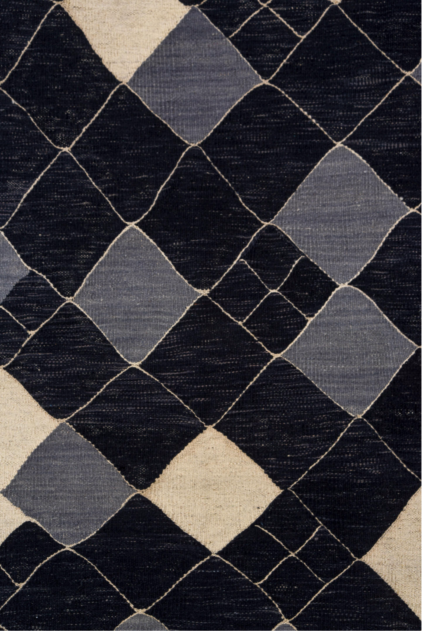 7' x 9' one-of-a-kind handmade vintage Kilim rug. Color palette: indigo, ivory, slate, purple, gray