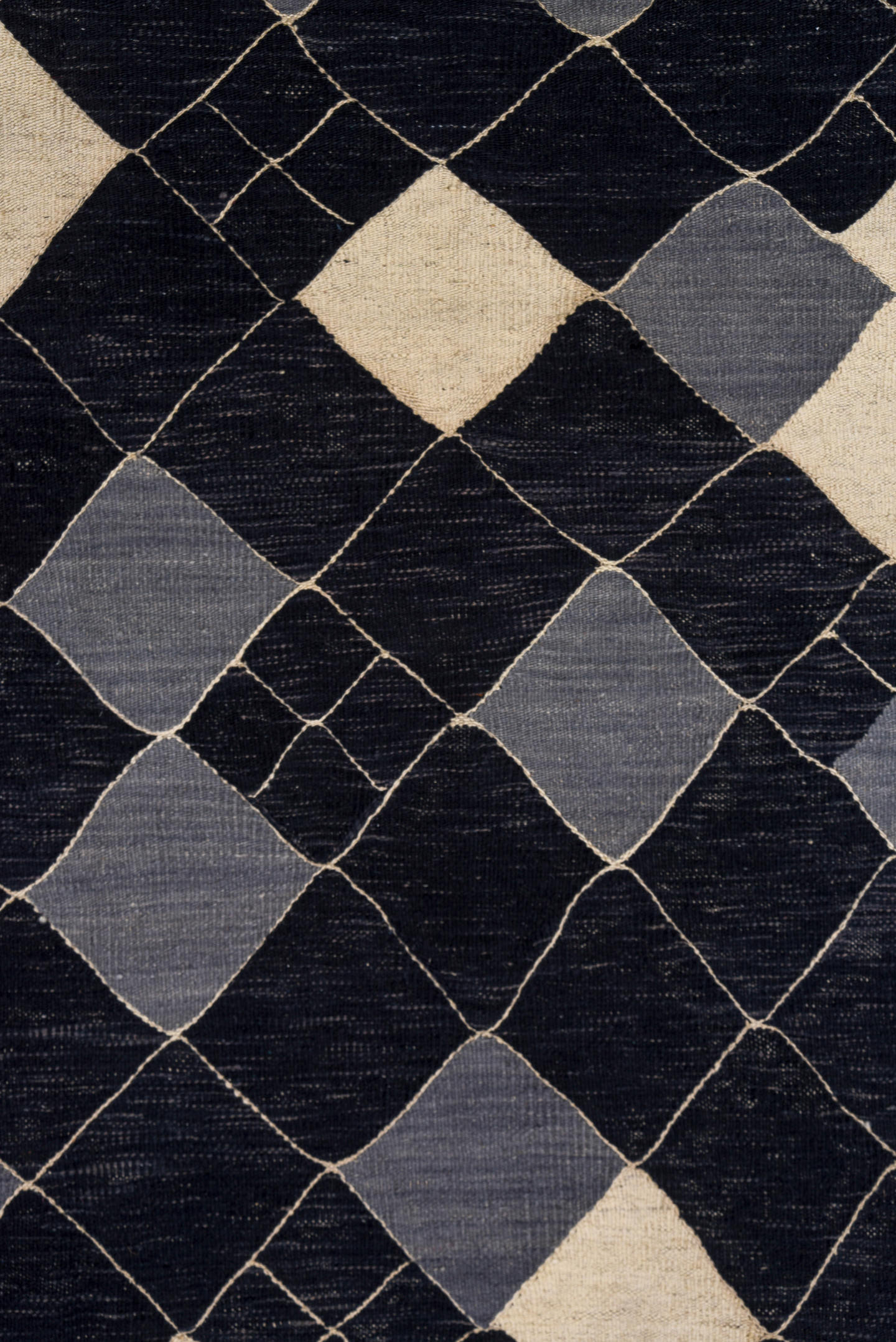 7' x 9' one-of-a-kind handmade vintage Kilim rug. Color palette: indigo, ivory, slate, purple, gray