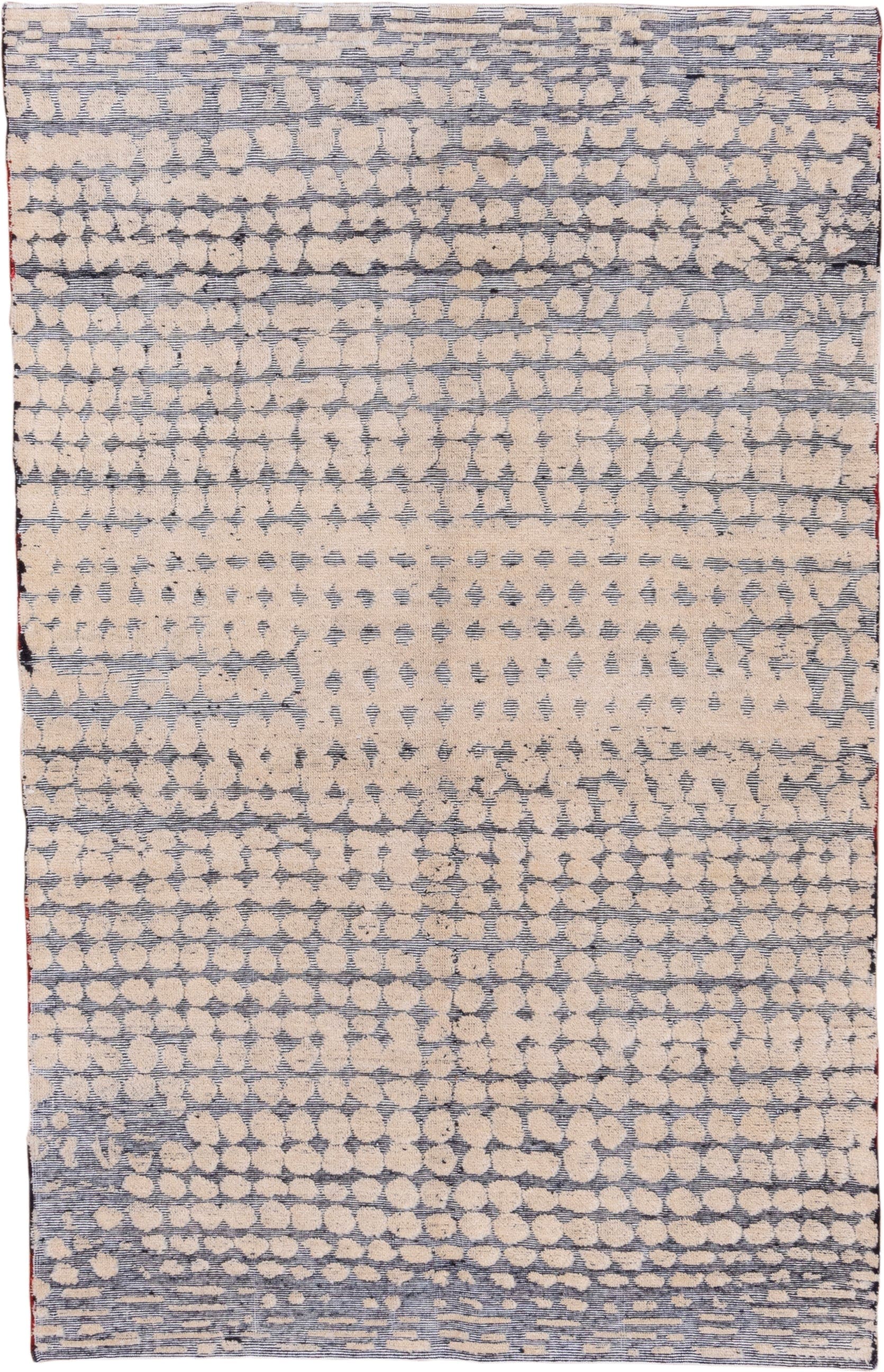 5' x 8' one-of-a-kind handmade handmade Modern medium size rug. Color palette: ivory, slate, gray, charcoal, black