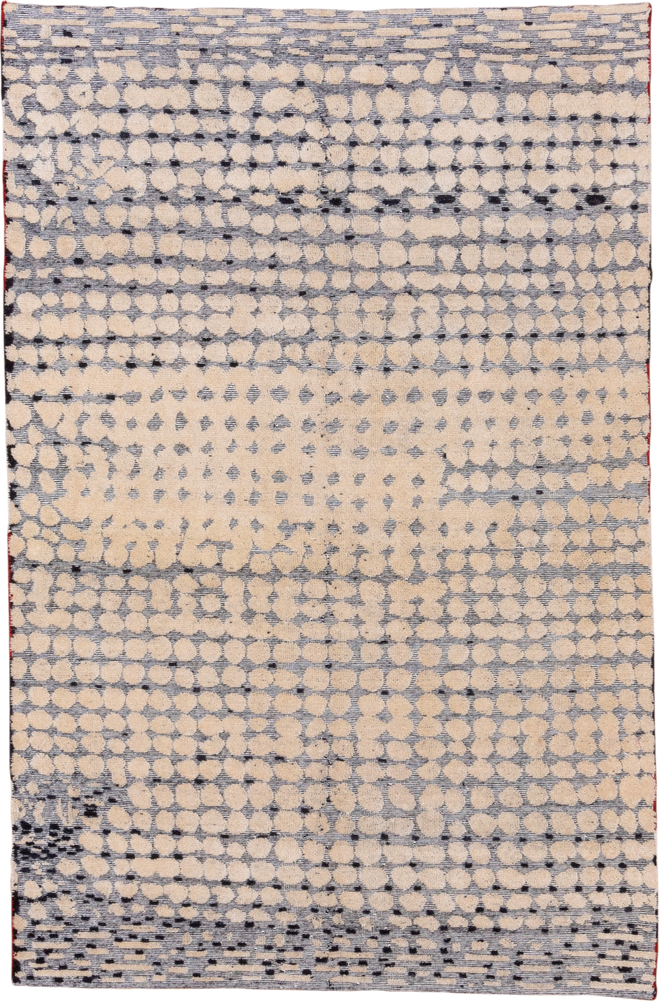 5' x 8' one-of-a-kind handmade handmade Modern medium size rug. Color palette: ivory, slate, charcoal, cream, rose, gray