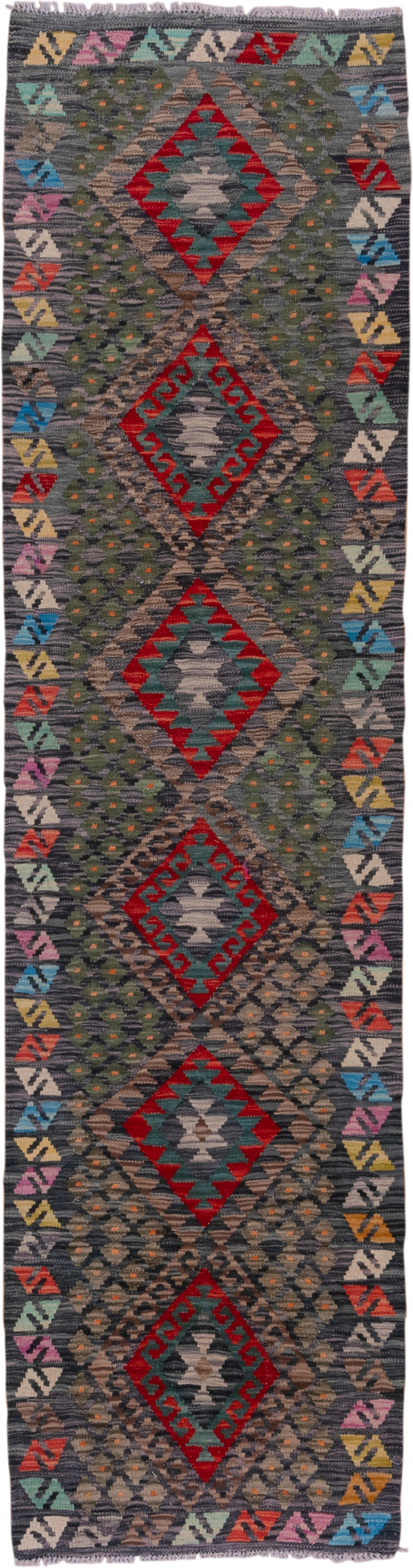 2' x 9' one-of-a-kind handmade vintage Kilim runner rug. Color palette: charcoal, crimson, taupe, sky_blue, ivory, blush