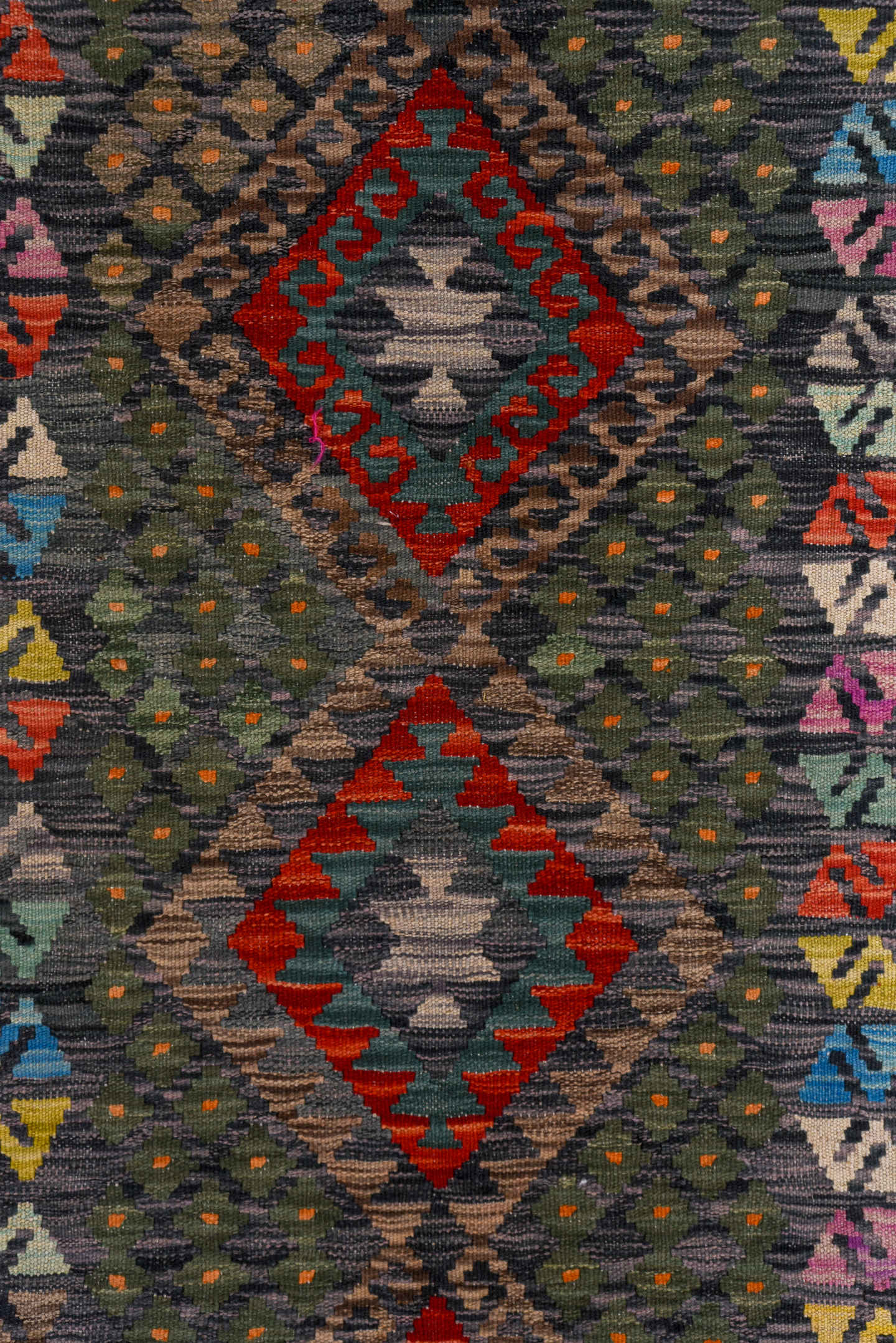 2' x 9' one-of-a-kind handmade vintage Kilim runner rug. Color palette: charcoal, crimson, taupe, sky_blue, ivory, blush