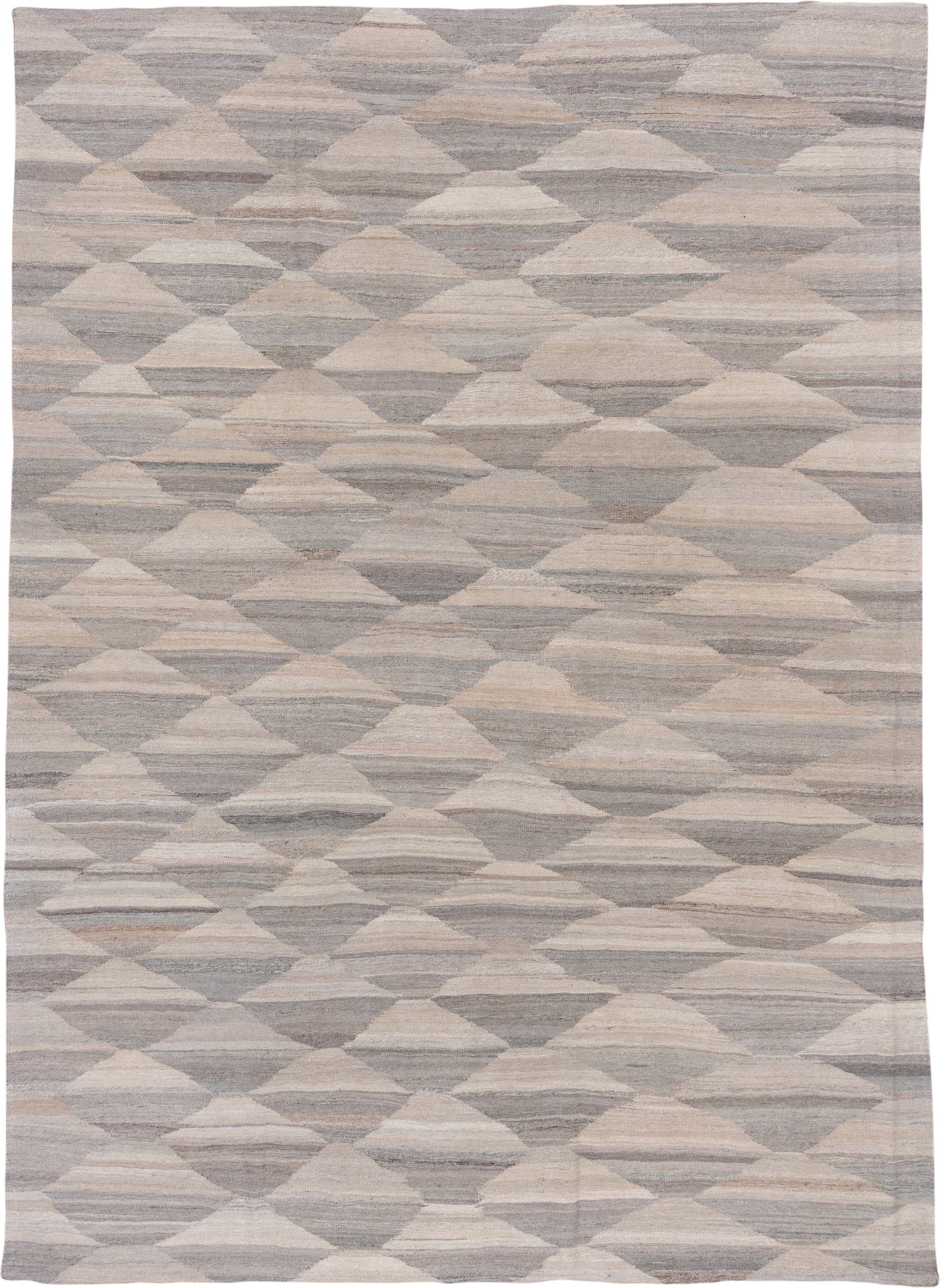 8' x 11' one-of-a-kind handmade vintage Kilim large size rug. Color palette: ivory, taupe, gray, greige, stone, beige