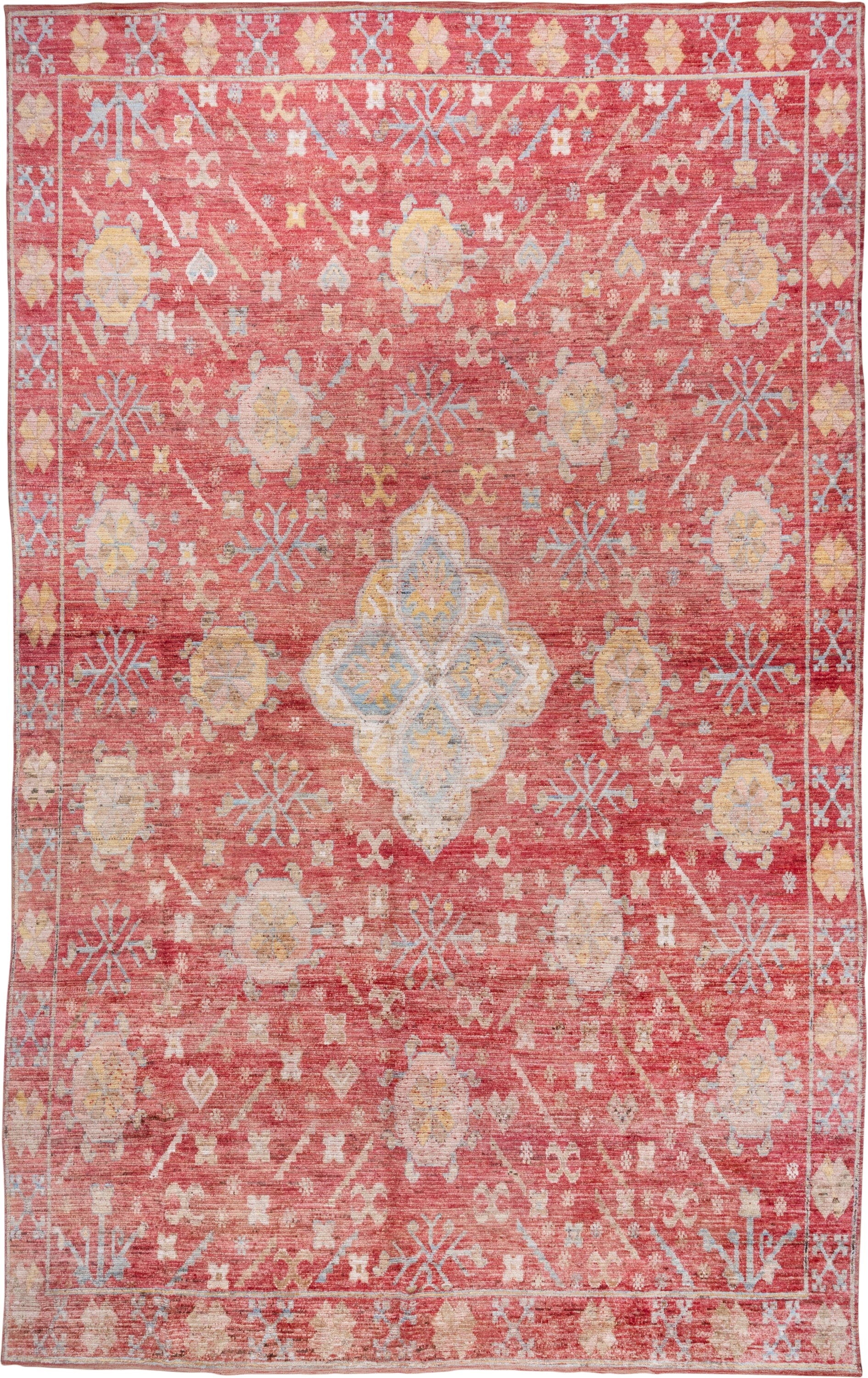 10' x 16' one-of-a-kind handmade vintage Oushak rug. Color palette: coral, ivory, pale blue, gold, salmon, beige, terracotta