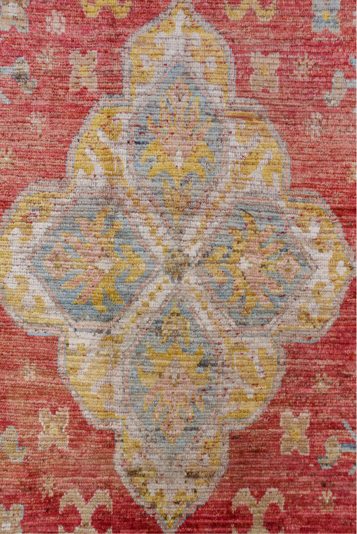 10' x 16' one-of-a-kind handmade vintage Oushak rug. Color palette: coral, ivory, pale blue, gold, salmon, beige, terracotta