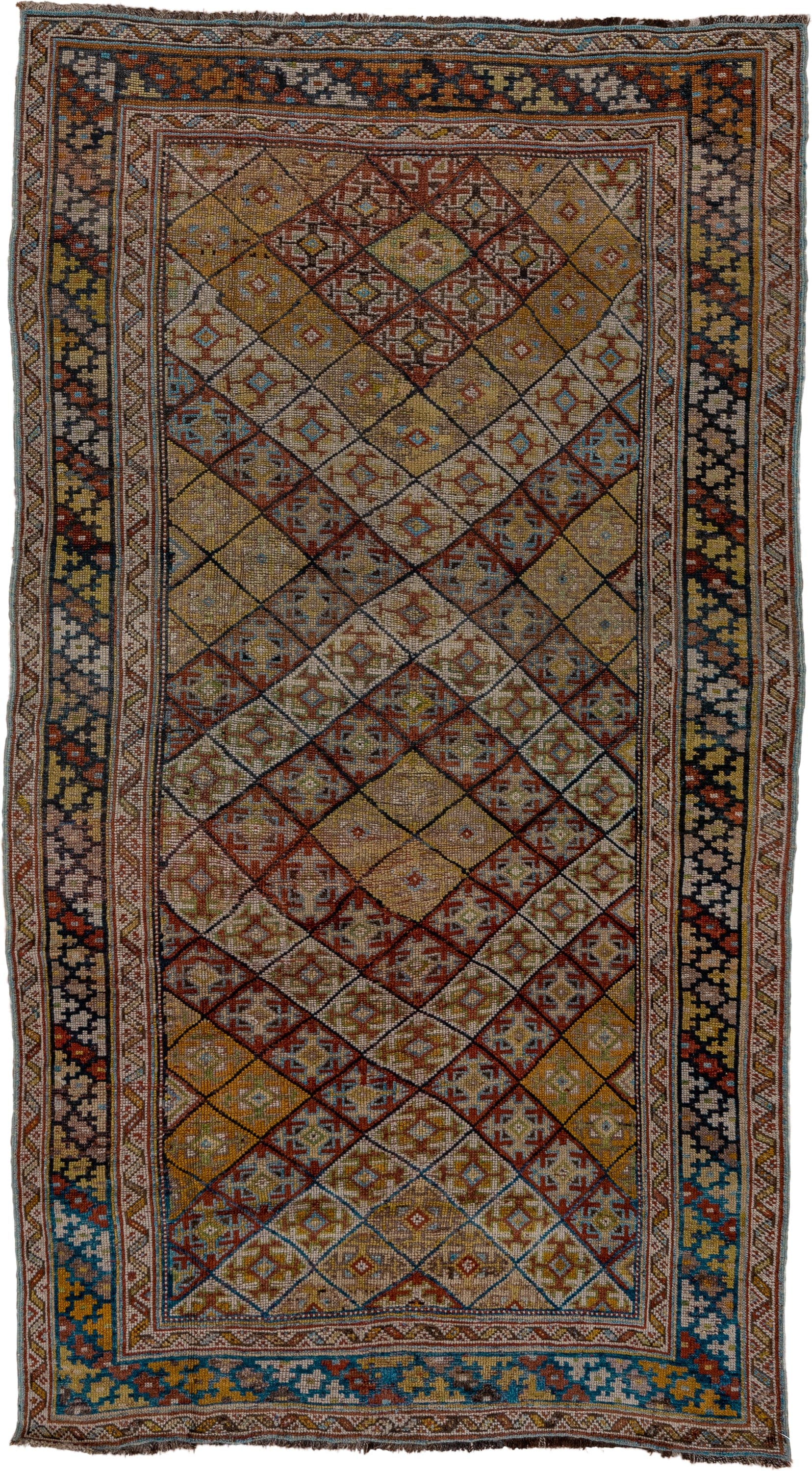 4' x 8' one-of-a-kind handmade antique Kurd rug. Color palette: camel, ivory, rust, sky blue, navy, taupe, gold, brown