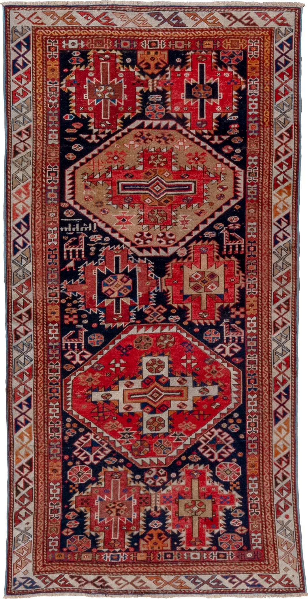 3' x 6' one-of-a-kind handmade antique Shirvan runner rug. Color palette: navy, rust, ivory, camel, crimson, terra cotta