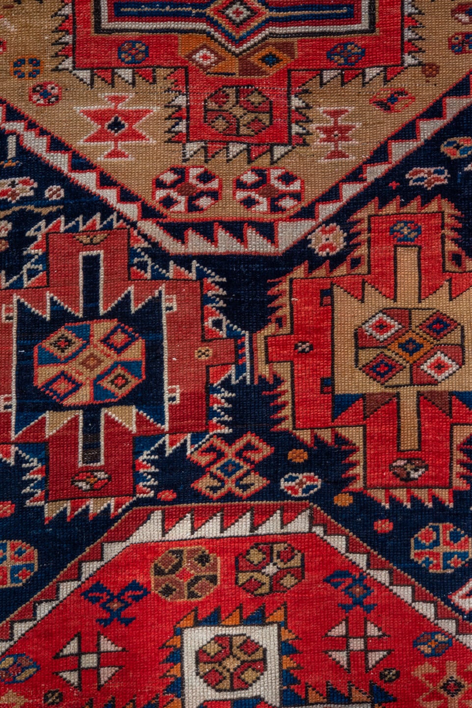 3' x 6' one-of-a-kind handmade antique Shirvan runner rug. Color palette: navy, rust, ivory, camel, crimson, terra cotta