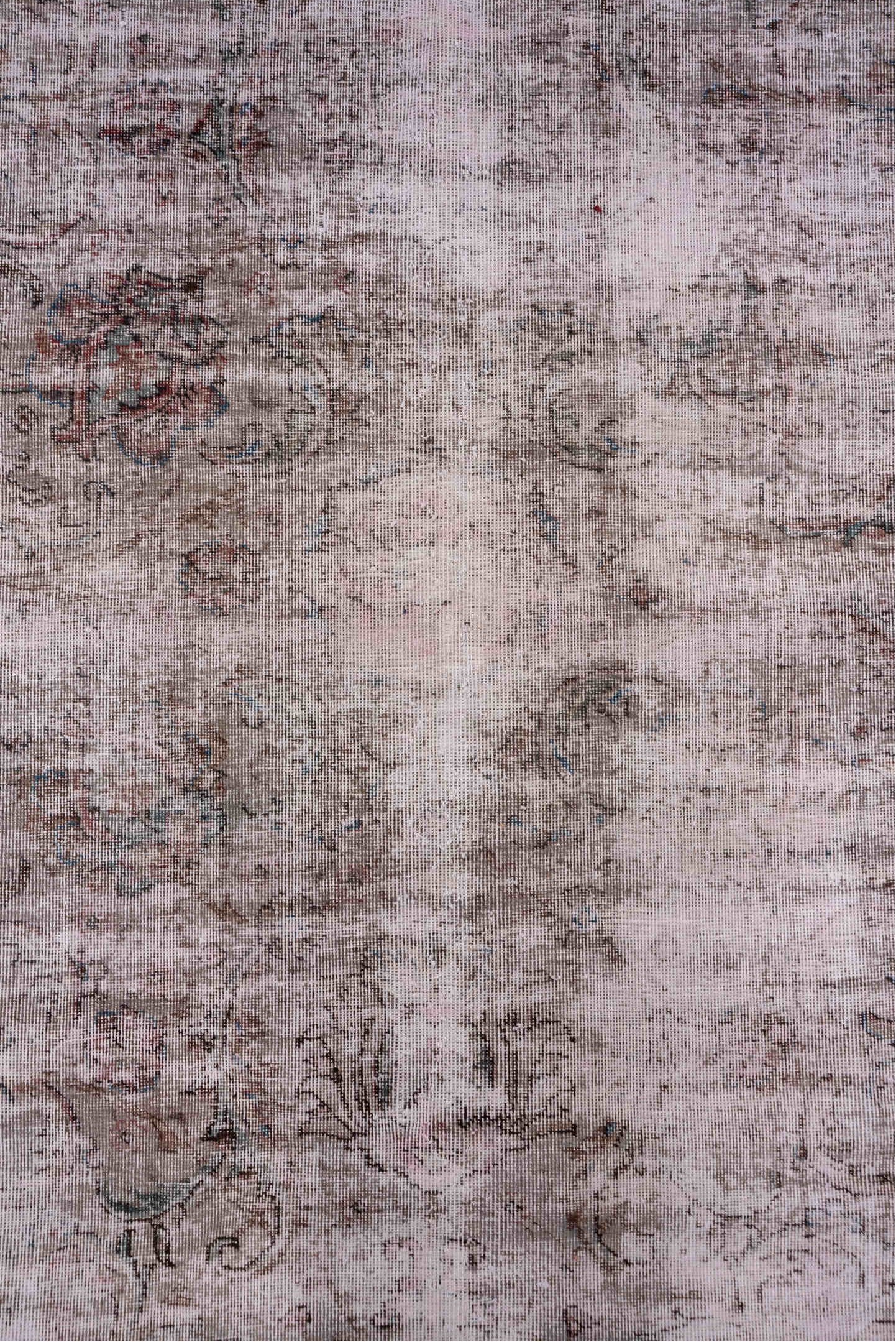 9' x 12' one-of-a-kind handmade vintage Overdyed large size rug. Color palette: blush, taupe, ivory, rose, brown, slate