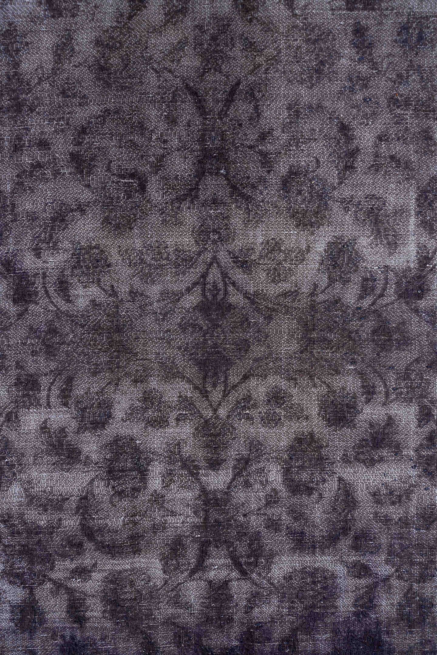 9' x 13' one-of-a-kind handmade vintage Sparta large size rug. Color palette: violet, lavender, charcoal, taupe, ivory, pink