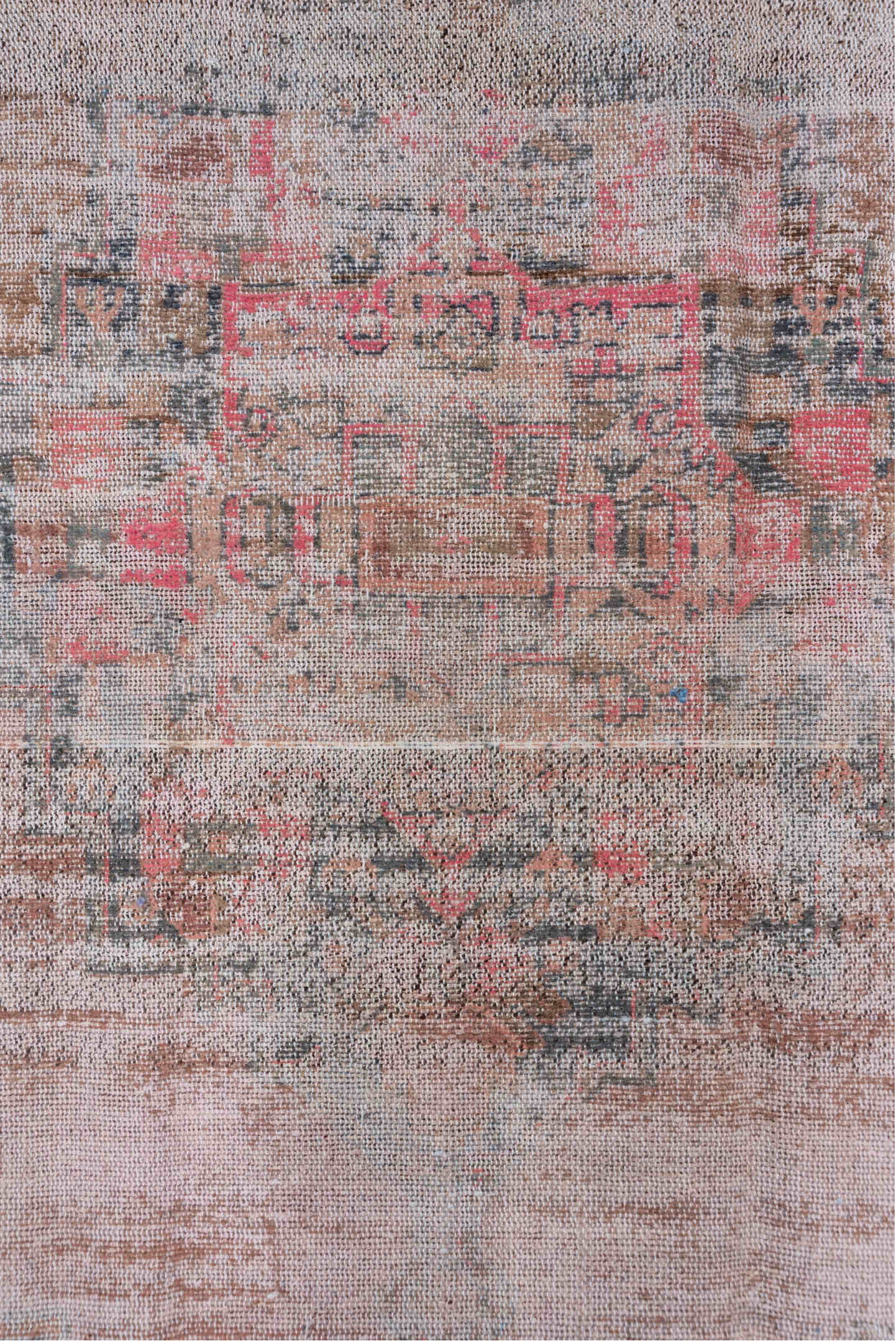 4' x 8' one-of-a-kind handmade vintage Overdyed rug. Color palette: ivory, blush, taupe, charcoal, rose, brown, pink, beige