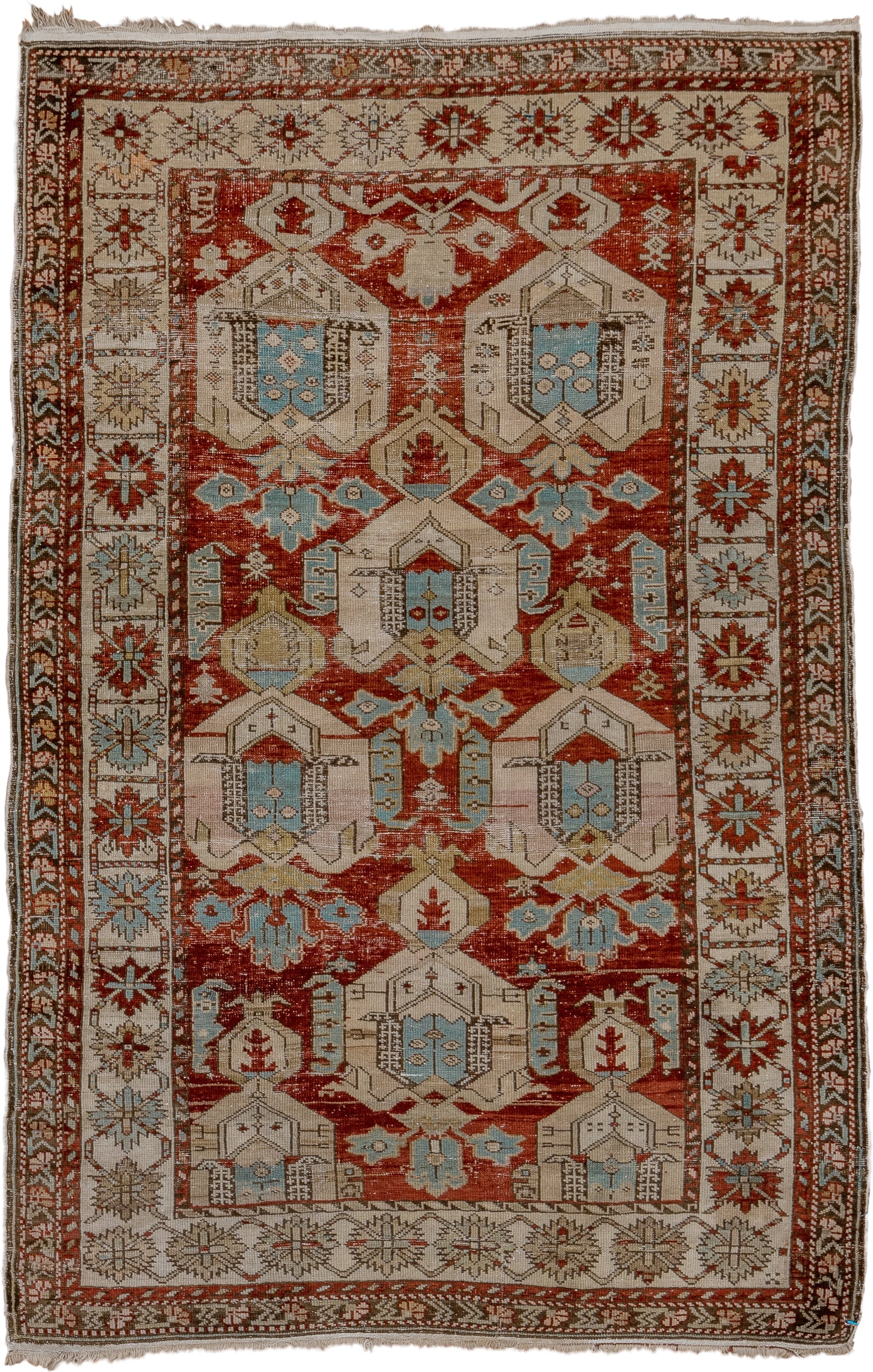 3' x 5' one-of-a-kind handmade antique Shirvan small size rug. Color palette: rust, ivory, sky blue, brown, taupe, camel