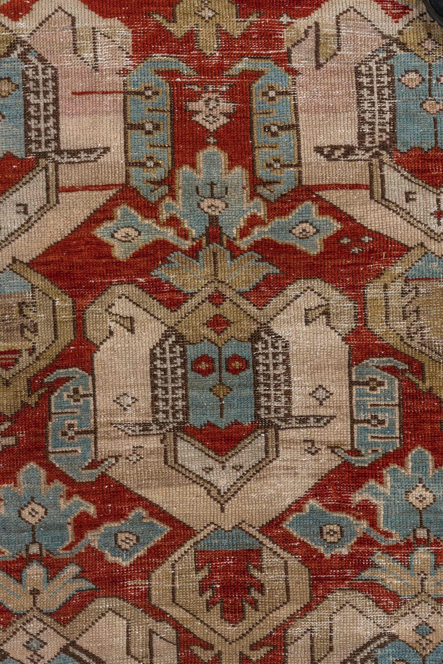 3' x 5' one-of-a-kind handmade antique Shirvan small size rug. Color palette: rust, ivory, sky blue, brown, taupe, camel