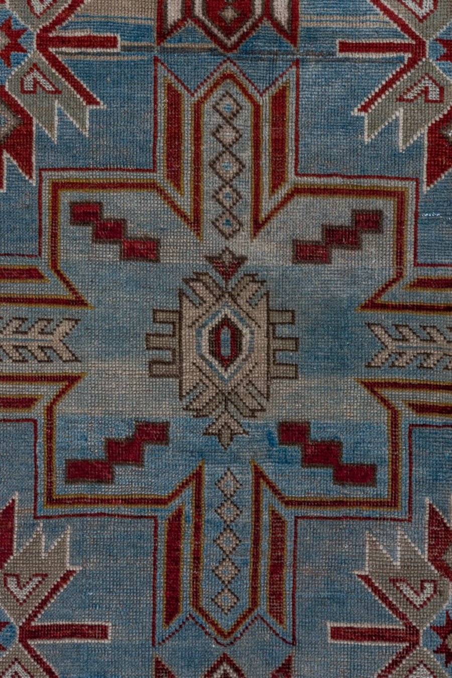 3' x 5' one-of-a-kind handmade antique Shirvan small size rug. Color palette: sky blue, ivory, crimson, burgundy, camel