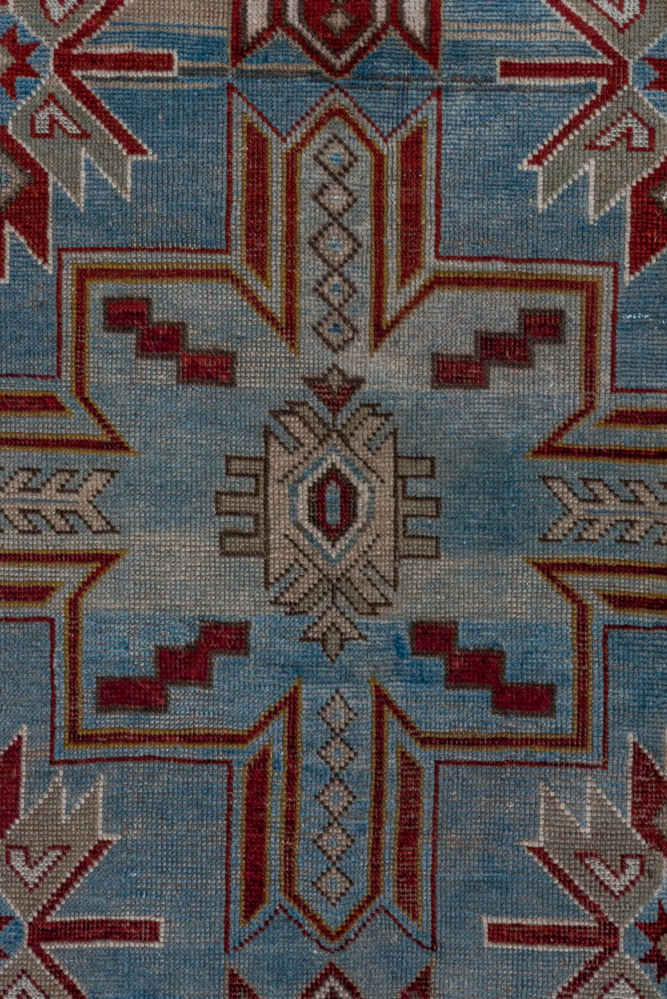3' x 5' one-of-a-kind handmade antique Shirvan small size rug. Color palette: sky blue, ivory, crimson, burgundy, camel