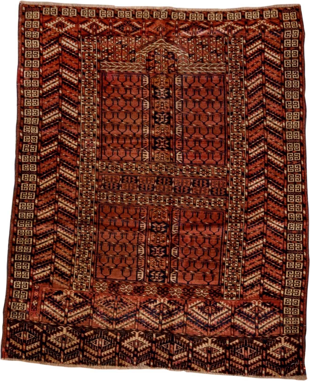 4' x 4' one-of-a-kind handmade antique Torkaman small size rug. Color palette: rust, burgundy, ivory, camel, charcoal