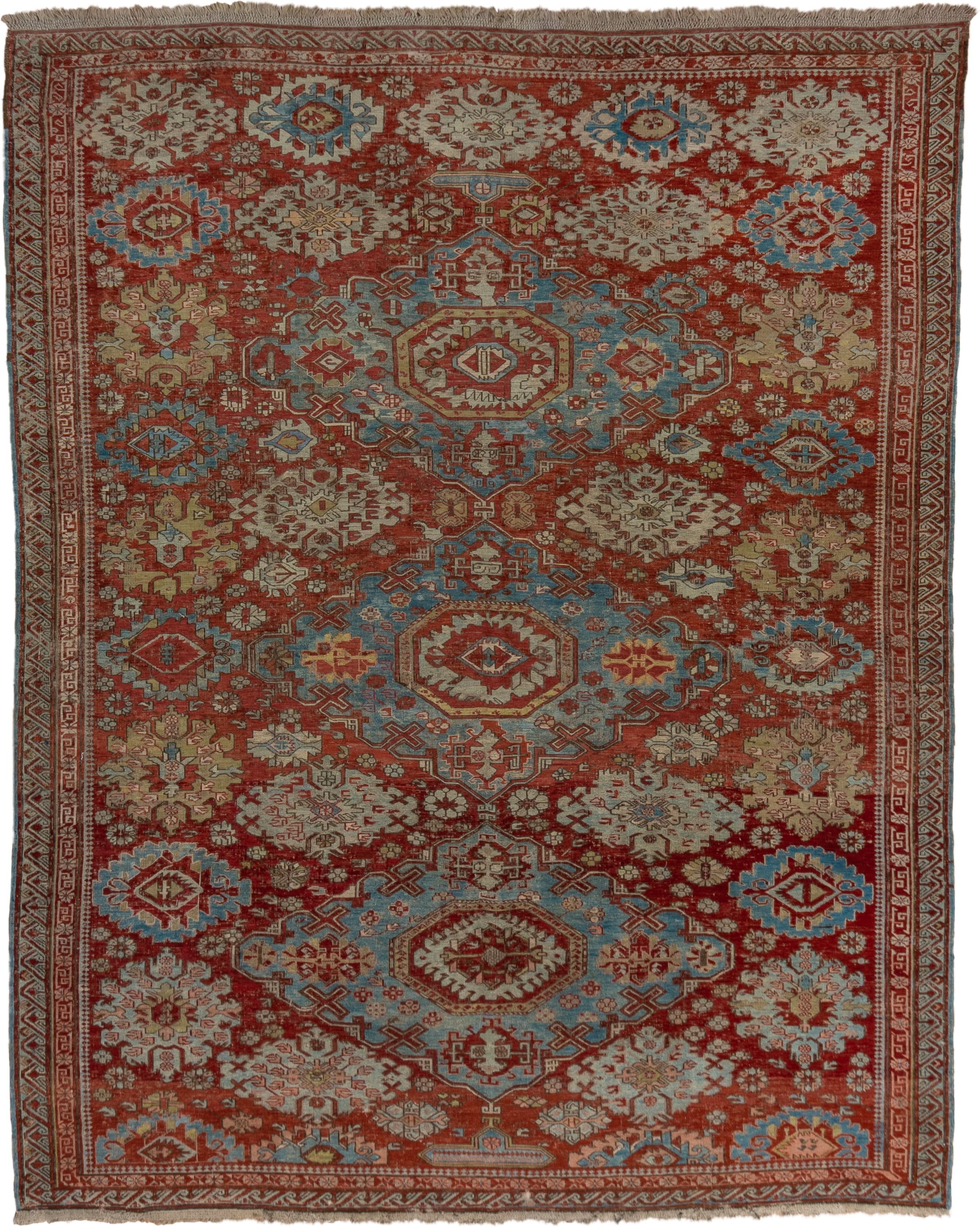 7' x 9' one-of-a-kind handmade antique Sumak rug. Color palette: rust, sky blue, ivory, beige, gold, brick, taupe