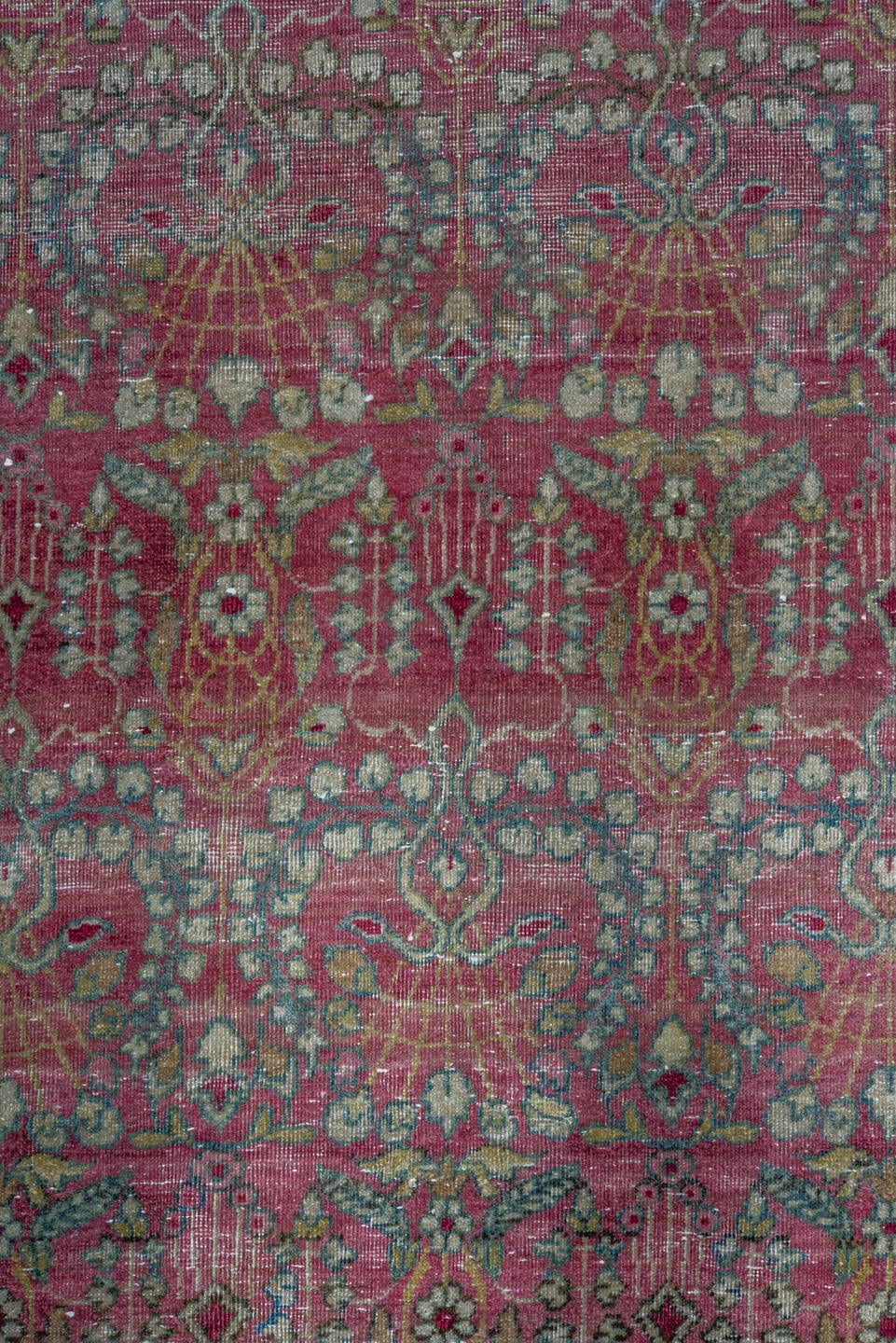 10' x 15' one-of-a-kind handmade antique Lavar rug. Color palette: rose, crimson, ivory, pale blue, sage, taupe, burgundy