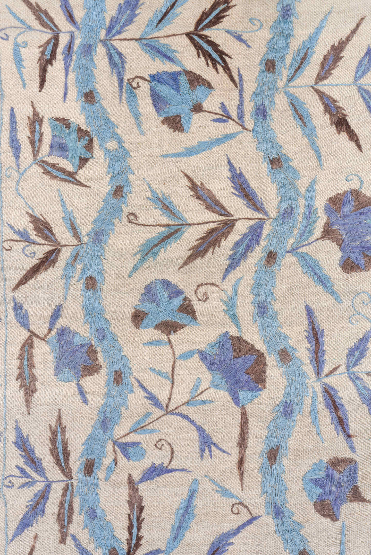 4' x 5' one-of-a-kind handmade vintage Kilim small size rug. Color palette: ivory, sky blue, lavender, taupe, brown