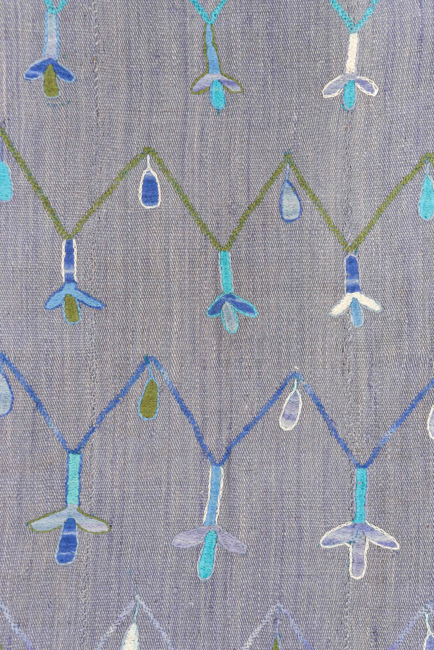 5' x 7' one-of-a-kind handmade vintage Kilim rug. Color palette: lavender, turquoise, sky_blue, ivory, olive, slate