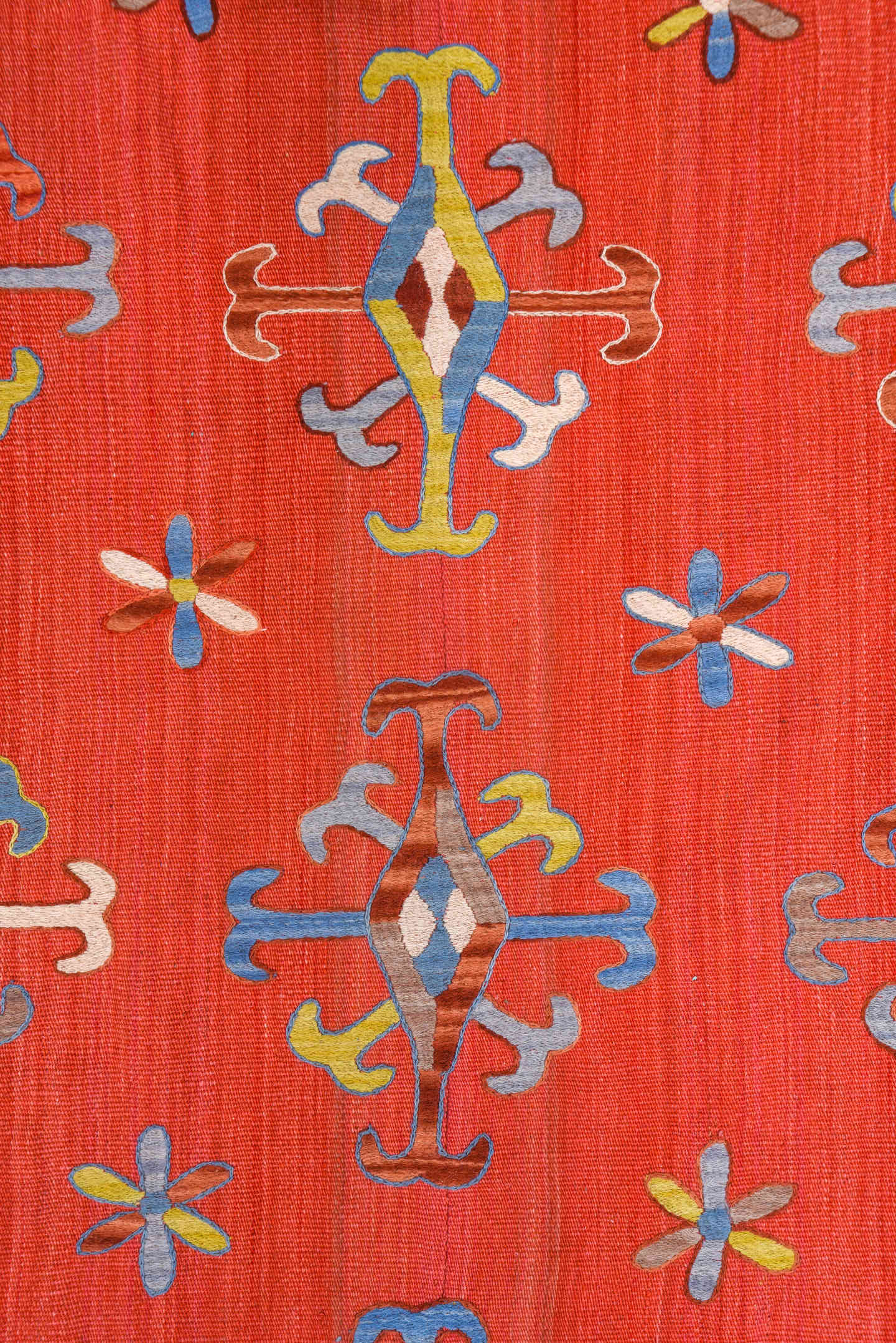 7' x 8' one-of-a-kind handmade vintage Kilim rug. Color palette: coral, sky blue, ivory, gold, rose, taupe, terracotta