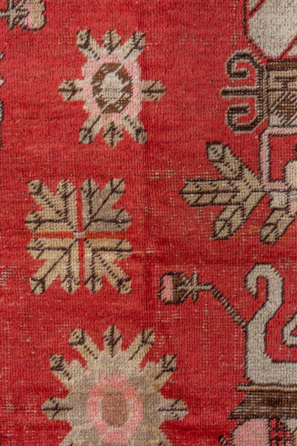 4' x 7' one-of-a-kind handmade vintage Khotan rug. Color palette: brown, fire brick, gray, indian red, light gray, off-white