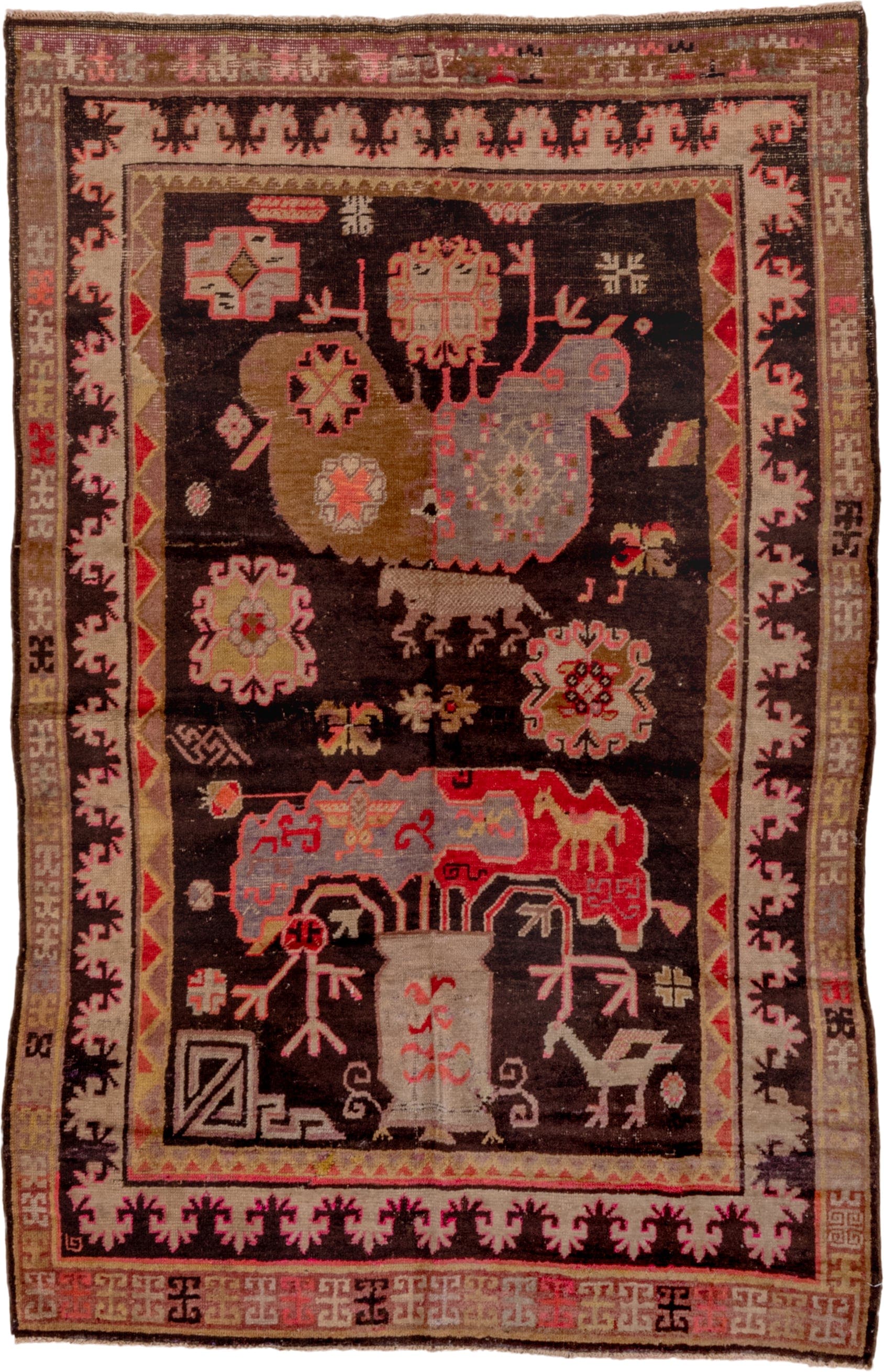 5' x 8' one-of-a-kind handmade antique Khotan medium size rug. Color palette: charcoal, camel, ivory, rose, rust, taupe
