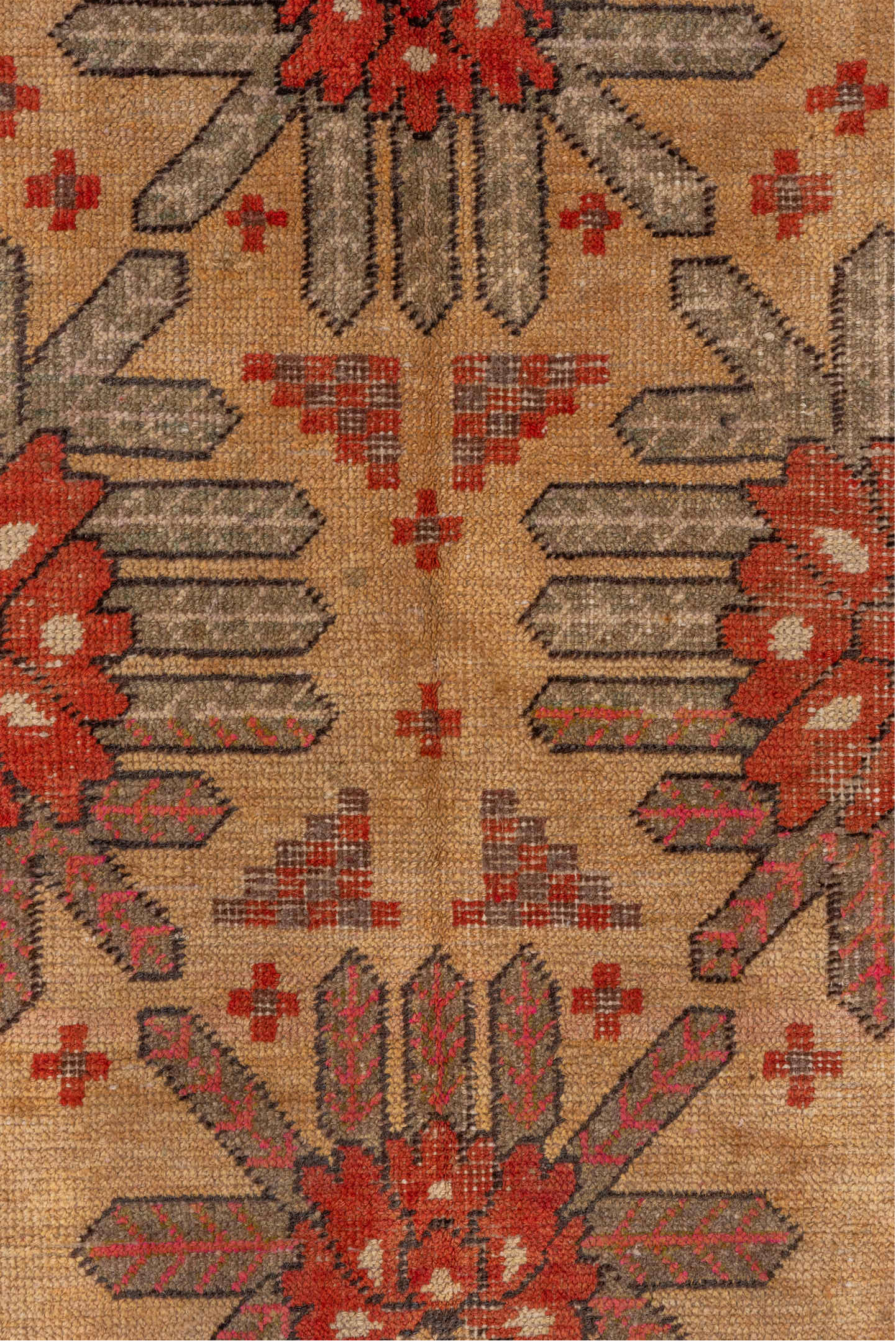 5' x 8' one-of-a-kind handmade antique Khotan medium size rug. Color palette: camel, rust, ivory, brown, terra cotta, taupe