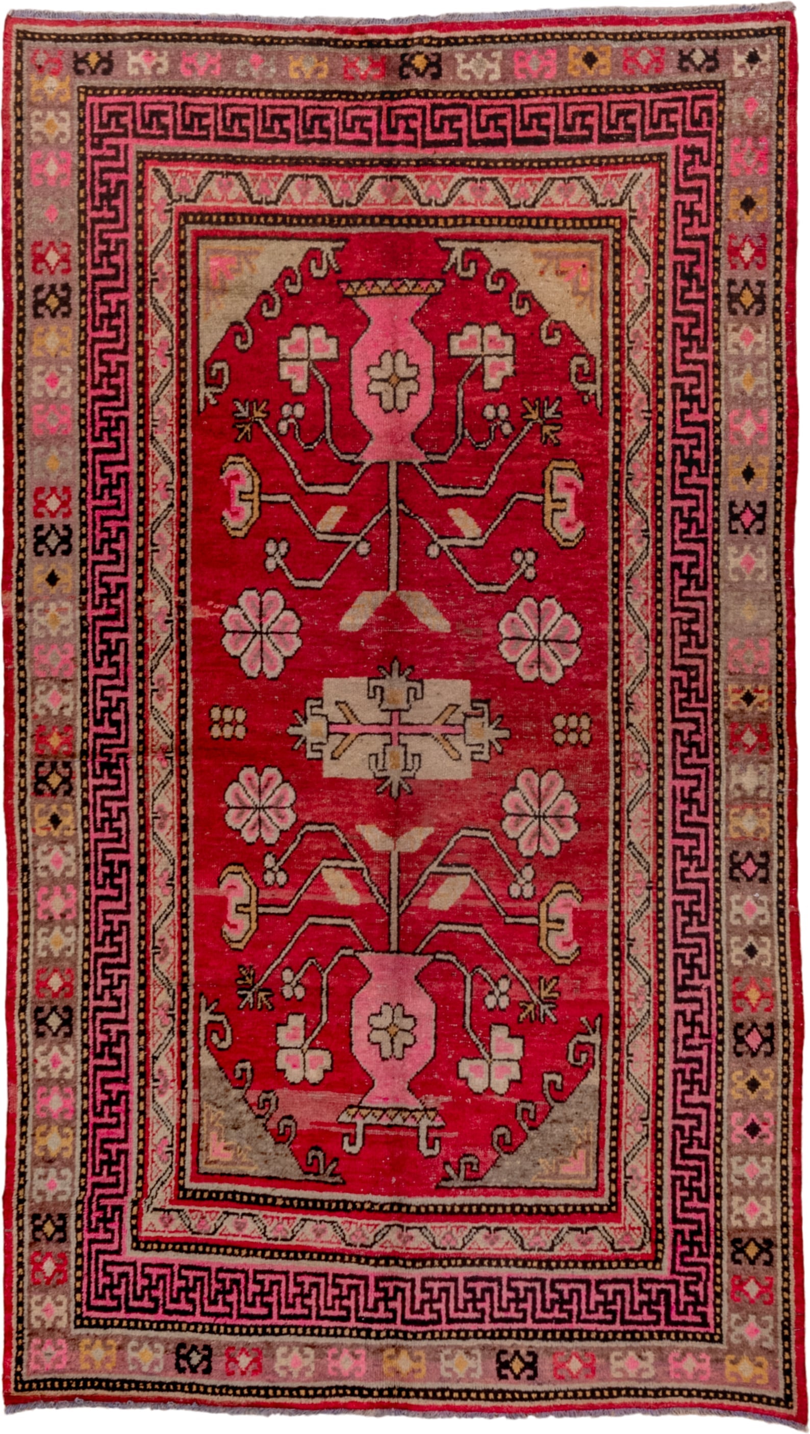 4' x 8' one-of-a-kind handmade antique Khotan rug. Color palette: raspberry, rose, taupe, ivory, charcoal, burgundy, camel
