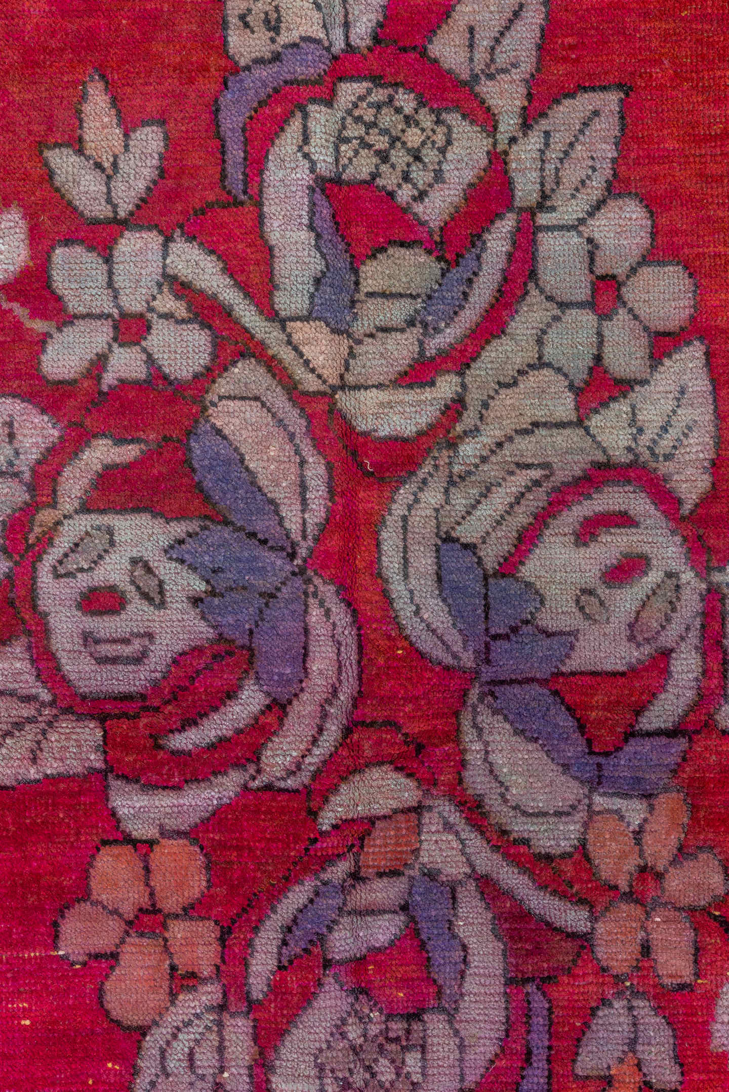 5' x 10' one-of-a-kind handmade antique Khotan medium size rug. Color palette: crimson, raspberry, ivory, lavender