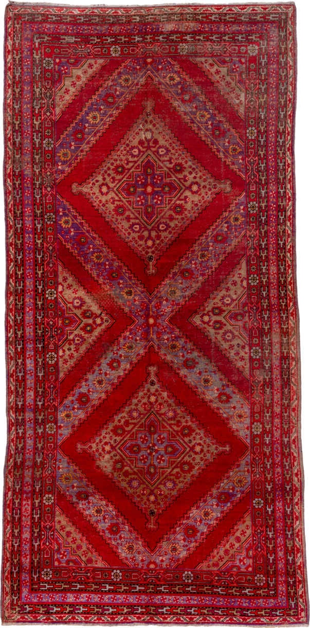 5' x 12' one-of-a-kind handmade antique Khotan rug. Color palette: red, crimson, rose, lavender, ivory, taupe, charcoal