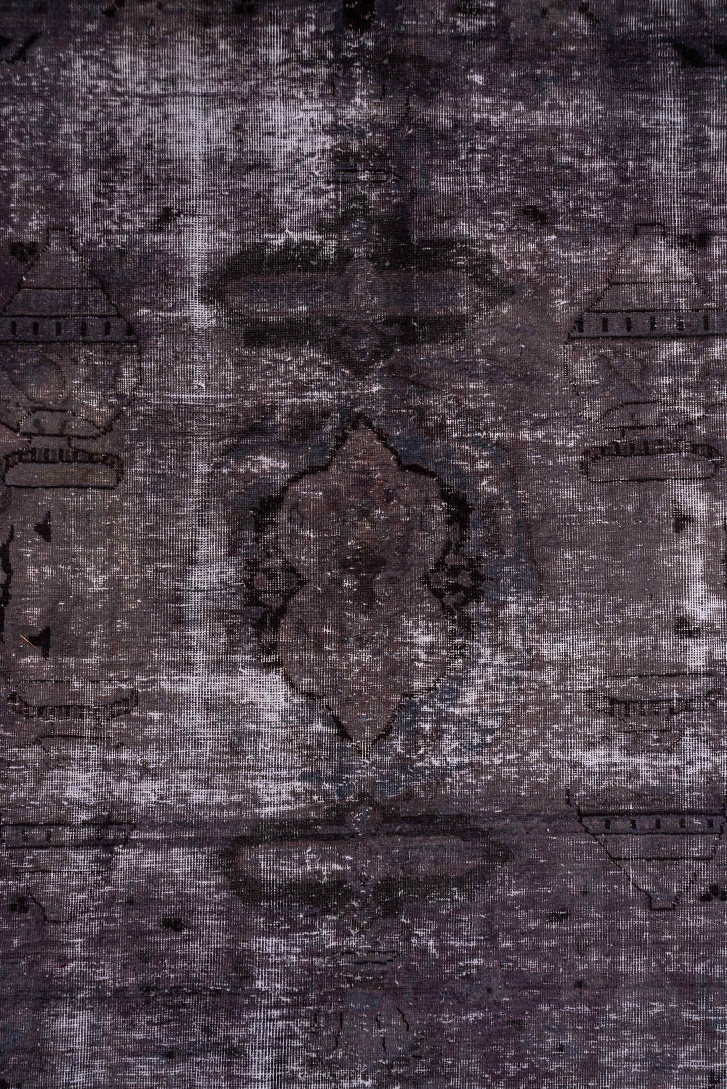 9' x 12' one-of-a-kind handmade vintage Distressed large size rug. Color palette: plum, mauve, charcoal, taupe, slate