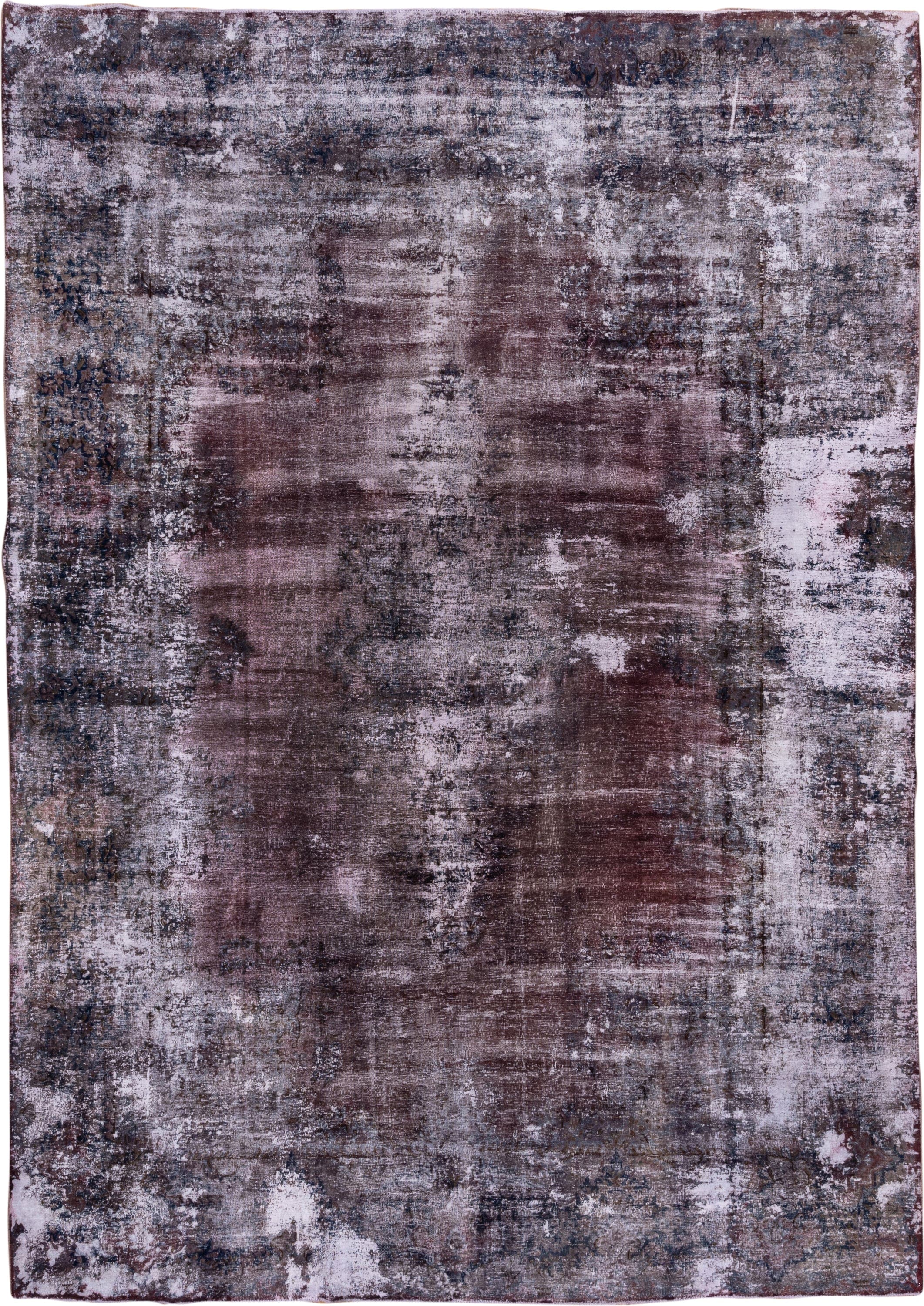 9' x 13' one-of-a-kind handmade vintage Distressed large size rug. Color palette: plum, charcoal, ivory, taupe, slate, rose