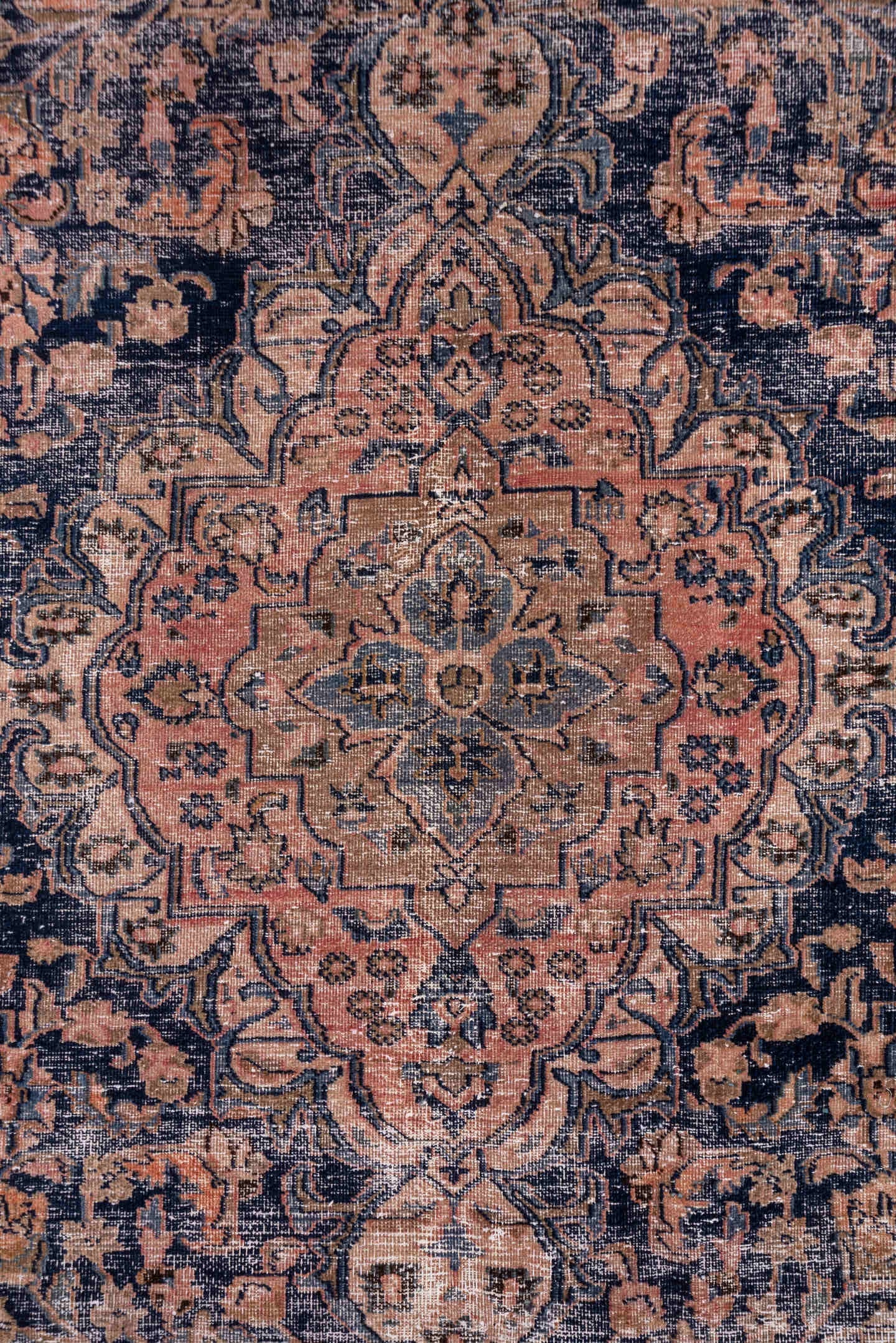 9' x 12' one-of-a-kind handmade vintage Distressed large size rug. Color palette: blush, taupe, charcoal, ivory, rose, slate