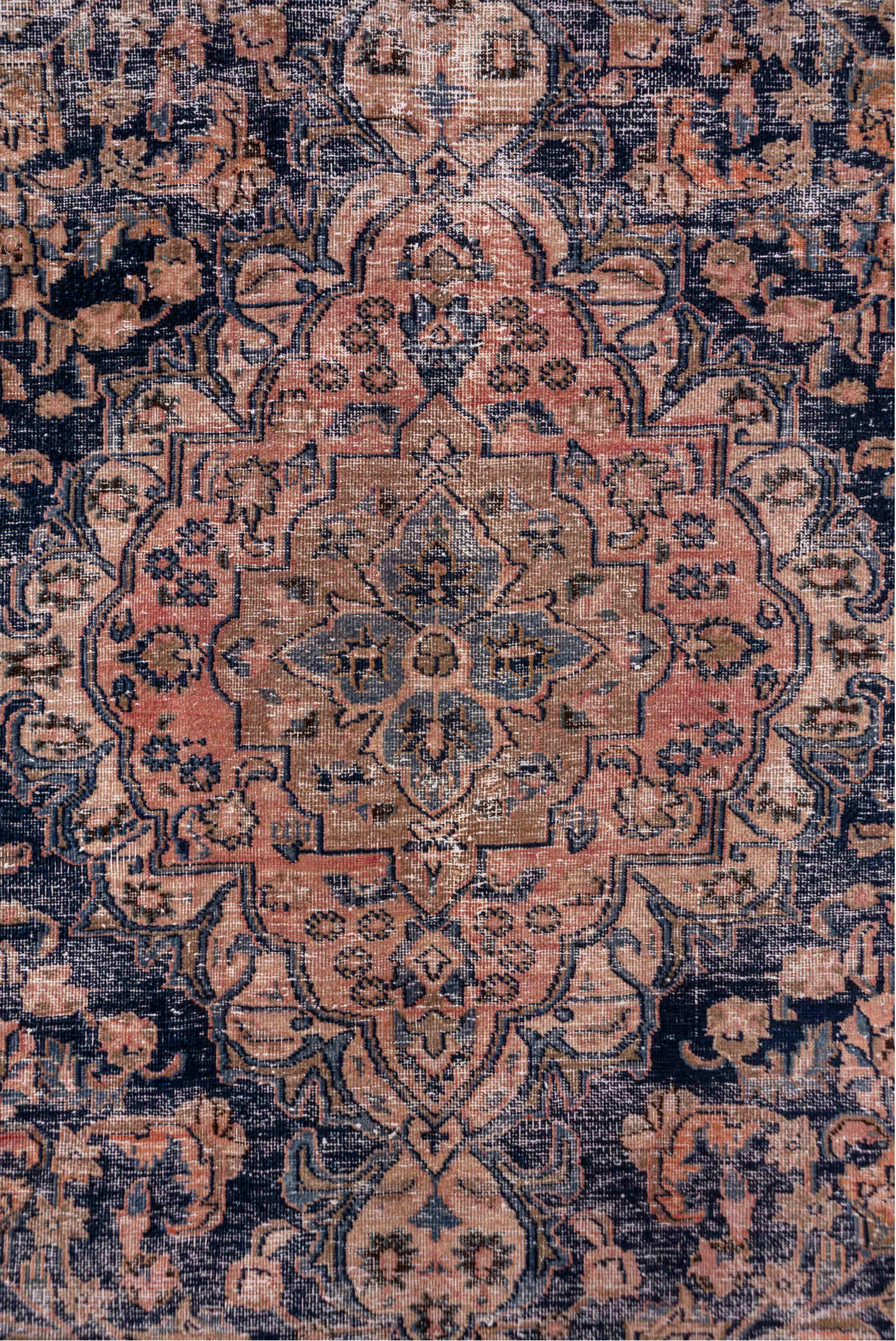 9' x 12' one-of-a-kind handmade vintage Distressed large size rug. Color palette: blush, taupe, charcoal, ivory, rose, slate