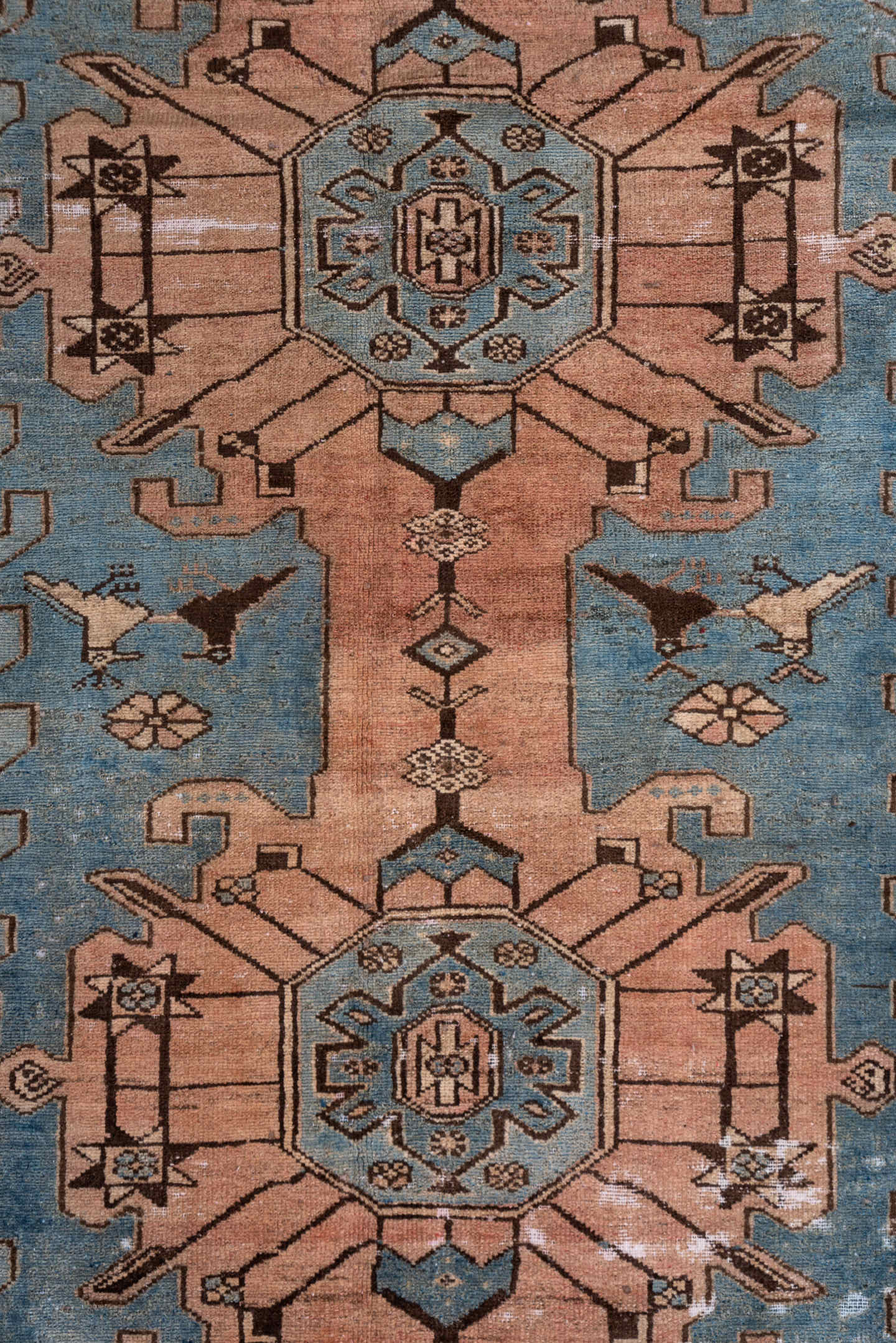 4' x 12' one-of-a-kind handmade vintage Distressed runner rug. Color palette: sky blue, blush, ivory, brown, taupe, charcoal