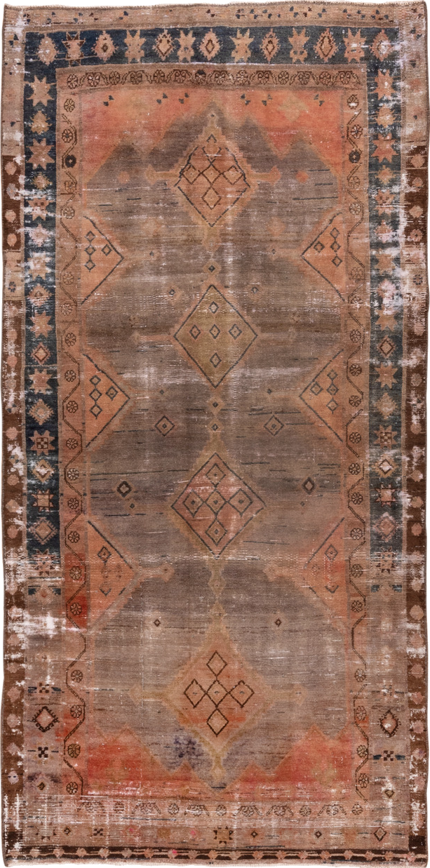 4' x 9' one-of-a-kind handmade vintage Distressed runner rug. Color palette: black, brown, charcoal, gray, light gray