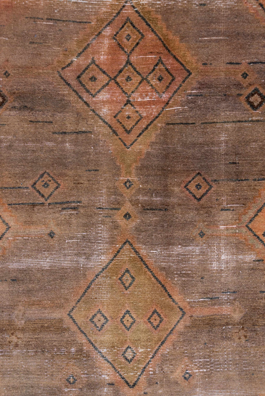 4' x 9' one-of-a-kind handmade vintage Distressed runner rug. Color palette: taupe, terra cotta, brown, charcoal, camel
